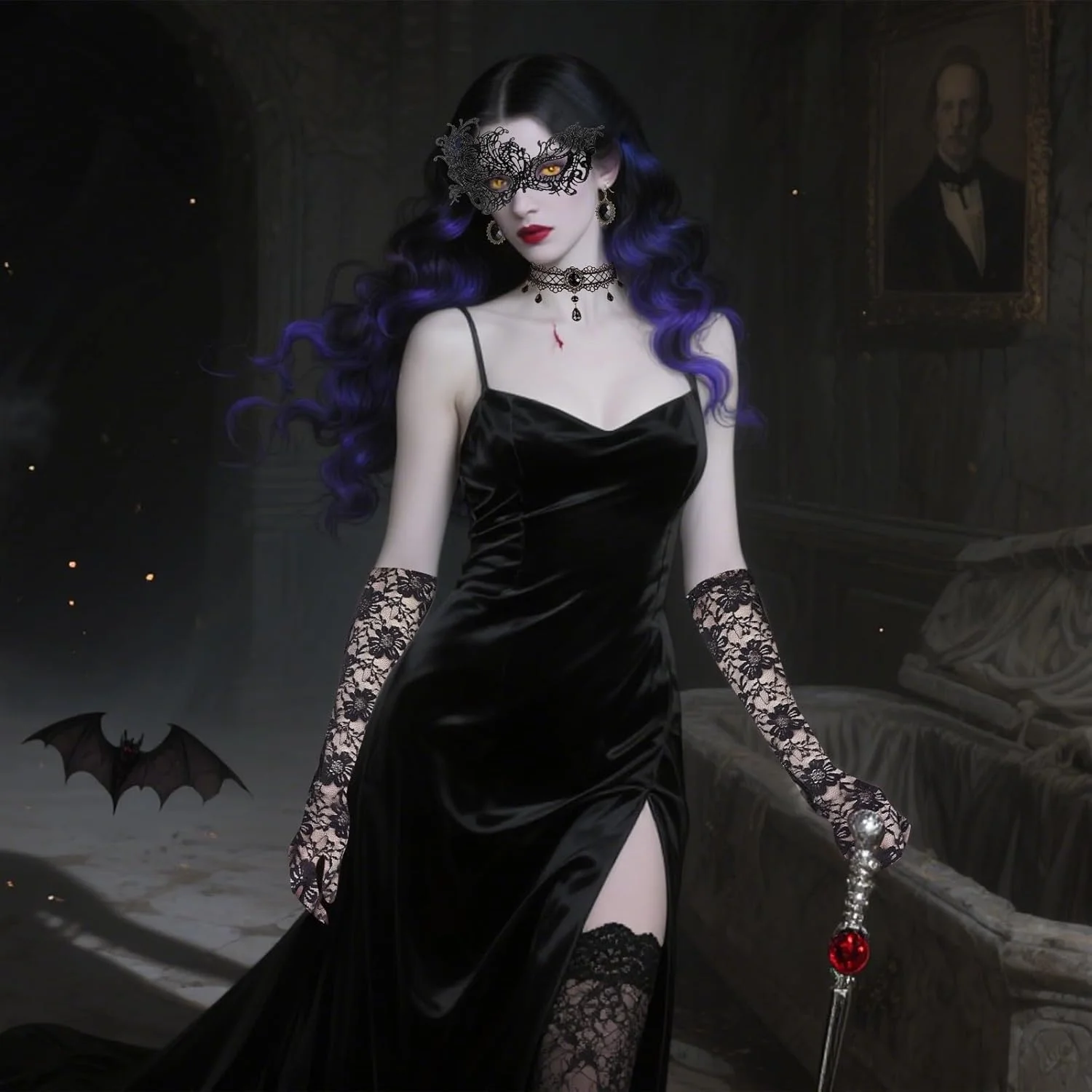 ست لباس هالووین زنانه Snyvpra Maleficent، لباس زن خفاشی، ست گوتیک 4 تکه با دستکش، ماسک، گردنبند و گوشواره ست لباس هالووین زنانه Snyvpra Maleficent، لباس زن خفاشی، ست گوتیک 4 تکه با دستکش، ماسک، گردنبند و گوشواره