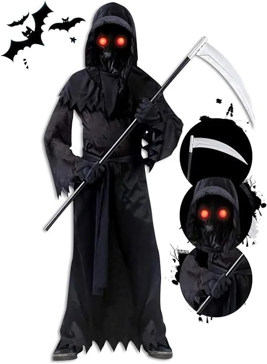 لباس هالووین بچه گانه طرح Grim Reaper برند Ricjurzzty با چشمان قرمز درخشان، به همراه داس