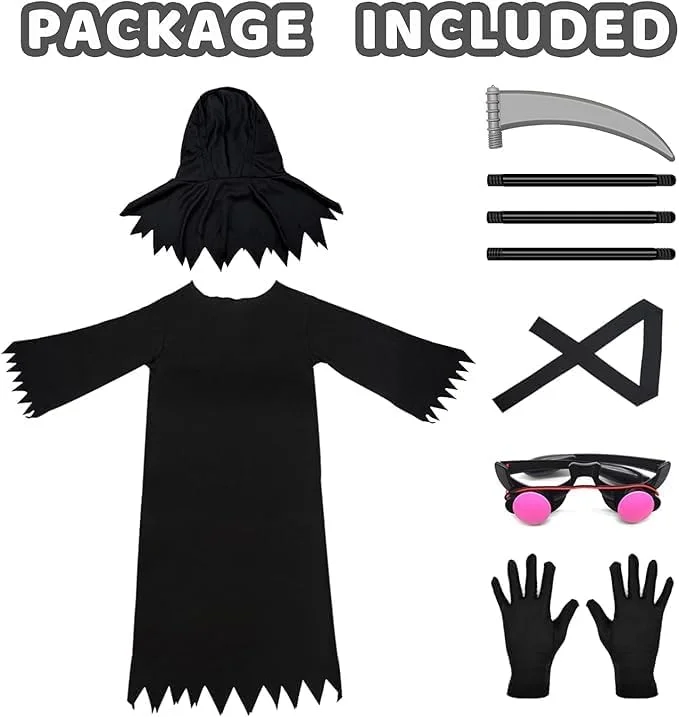 لباس هالووین بچه گانه طرح Grim Reaper برند Ricjurzzty با چشمان قرمز درخشان، به همراه داس لباس هالووین بچه گانه طرح Grim Reaper برند Ricjurzzty با چشمان قرمز درخشان، به همراه داس