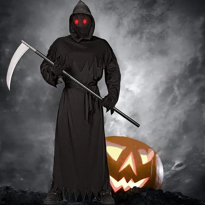 لباس هالووین بچه گانه طرح Grim Reaper برند Ricjurzzty با چشمان قرمز درخشان، به همراه داس لباس هالووین بچه گانه طرح Grim Reaper برند Ricjurzzty با چشمان قرمز درخشان، به همراه داس