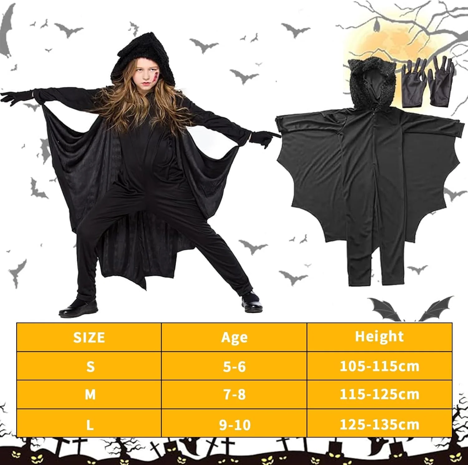 لباس هالووین Pomefar برای کودکان، ست لباس خفاش با دستکش برای Cosplay، لباس هالووین برای تزئینات هالووین لباس هالووین Pomefar برای کودکان، ست لباس خفاش با دستکش برای Cosplay، لباس هالووین برای تزئینات هالووین
