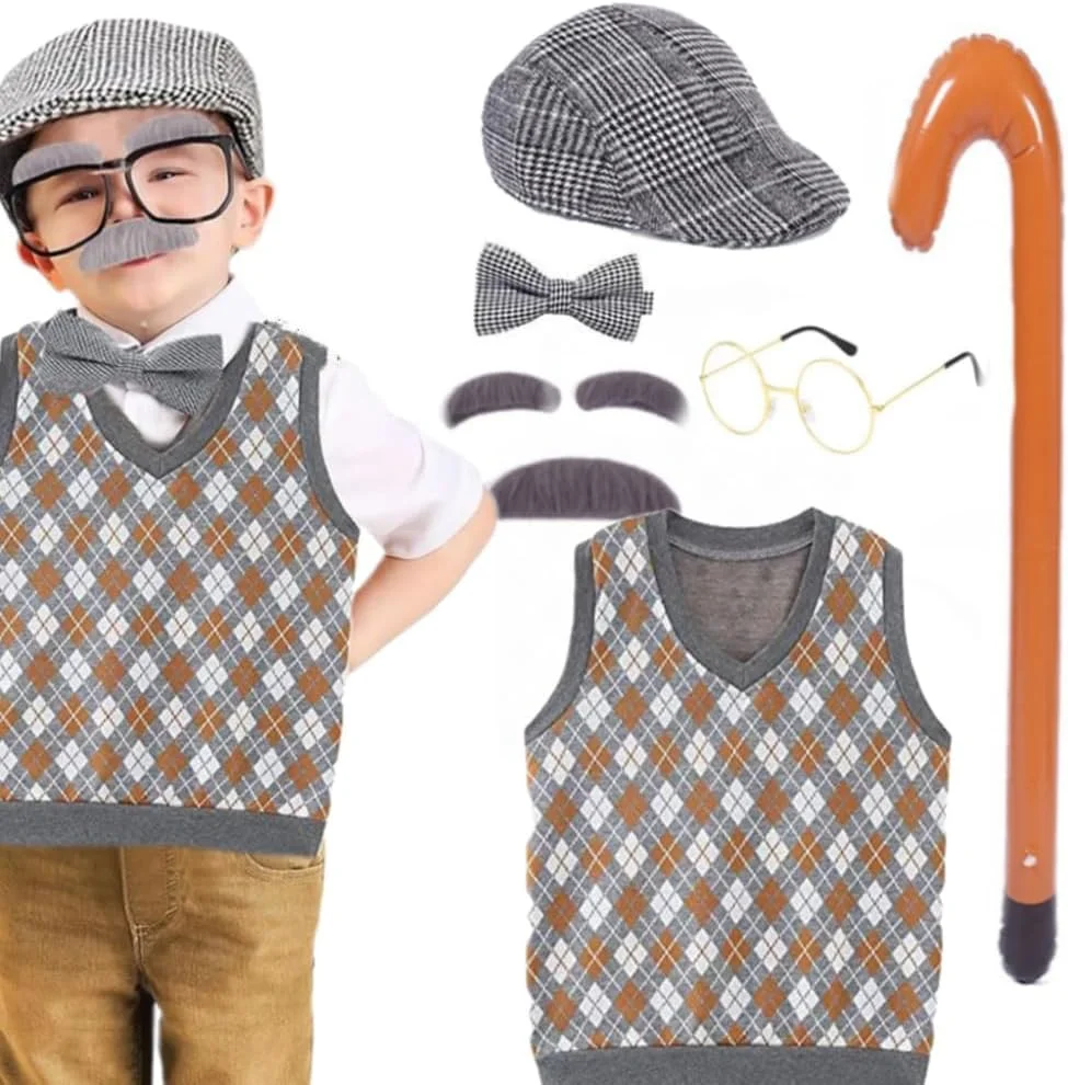 ست لباس پیرمرد 100 روز مدرسه HomeChi Kids، 9 تکه لباس هالووین با کلاه، عینک، جلیقه پدربزرگ، سبیل و عصای بادی برای پسران، لباس بازی و نقش آفرینی