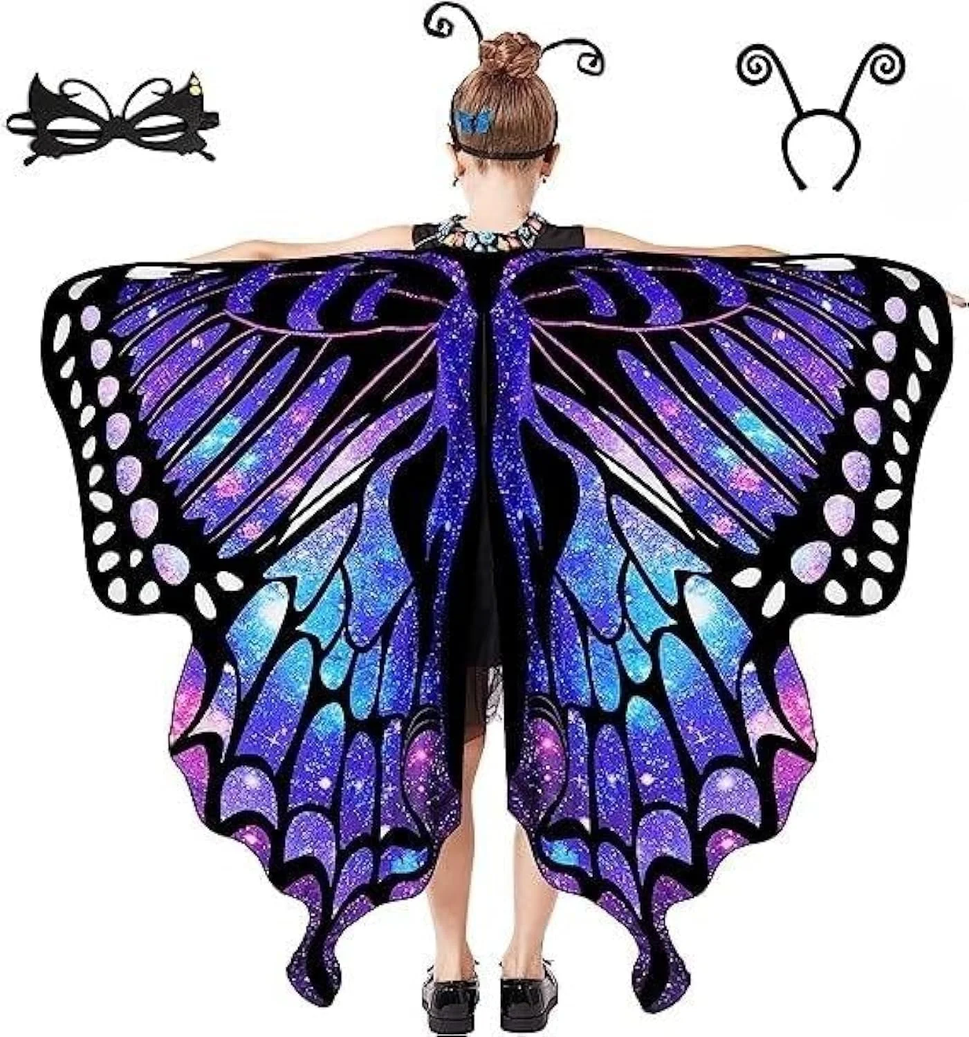 لباس پروانه هالووین زنانه و دخترانه ORCHID M®، شنل بالدار بزرگسال با ماسک و تزئینات تل موی آنتن