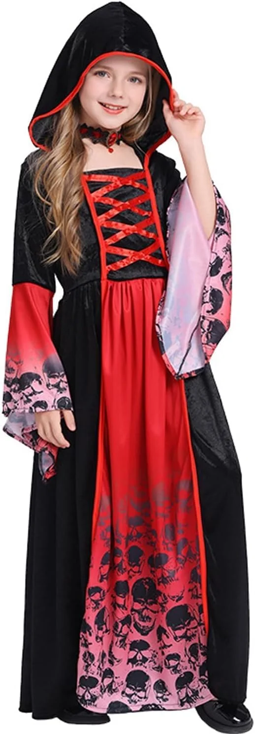 لباس جادوگر ORCHID M® برای دختران، لباس هالووین بچه گانه با گردنبند، لباس خون آشام هالووین برای کودکان، مناسب برای دختران با قد 130-140 سانتی متر