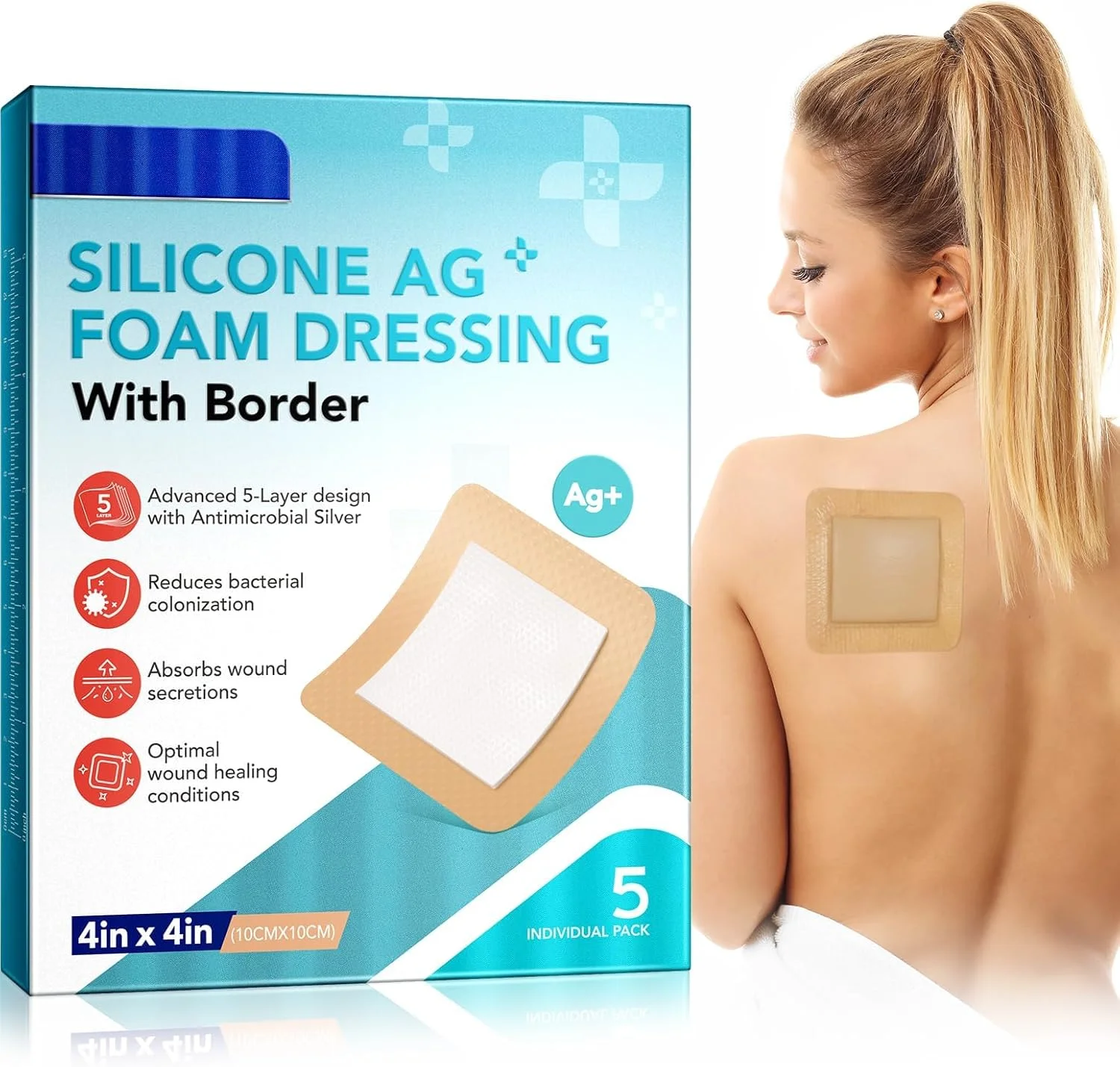 پدهای پانسمان فوم سیلیکونی، ضد حساسیت و تنفسی، محافظت کننده و جاذب زخم برای بریدگی ها، خراش ها، زخم ها، اولسرها، 10cm x 10cm، بسته 5 عددی
