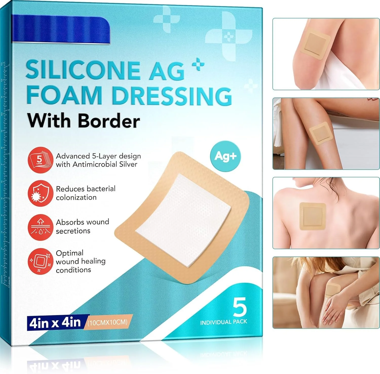 پدهای پانسمان فوم سیلیکونی، ضد حساسیت و تنفسی، محافظت کننده و جاذب زخم برای بریدگی ها، خراش ها، زخم ها، اولسرها، 10cm x 10cm، بسته 5 عددی