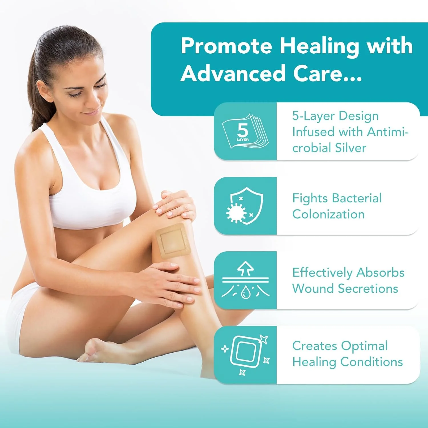 پانسمان فوم سیلیکونی نقره دار استریل با حاشیه چسب سیلیکونی ضد آب و ملایم (5 بسته)، پدهای فوق العاده جاذب و تنفسی 4"x 4" (4x4 اینچ (بسته 5 عددی))