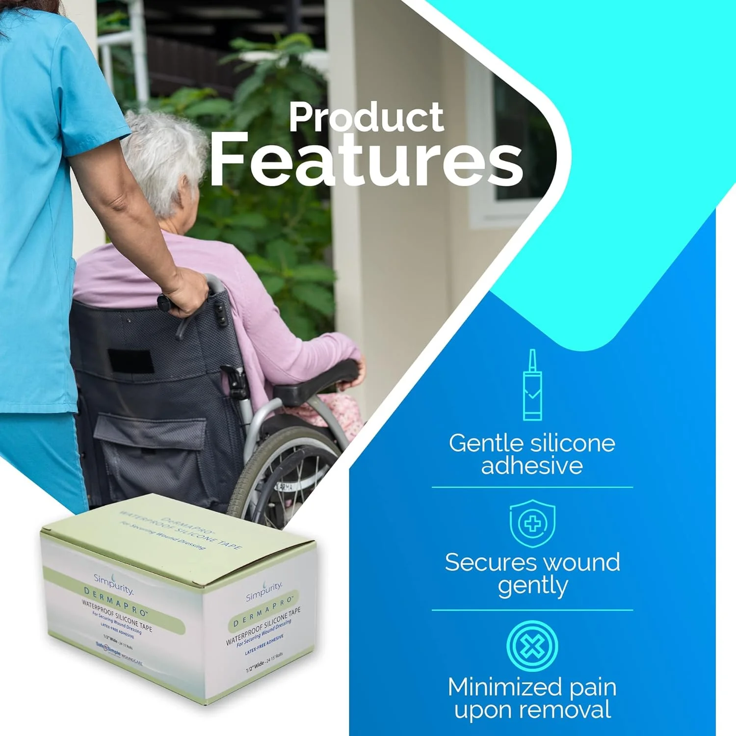 نوار سیلیکونی ضد آب Simpurity DermaPro - 2"x15" بسته 6 عددی - نوار پزشکی بدون لاتکس برای محکم کردن پانسمان زخم - نوار سیلیکونی ترمیم زخم برای پوست حساس ضد آب نوار سیلیکونی ضد آب Simpurity DermaPro - 2"x15" بسته 6 عددی - نوار پزشکی بدون لاتکس برای محکم کردن پانسمان زخم - نوار سیلیکونی ترمیم زخم برای پوست حساس ضد آب