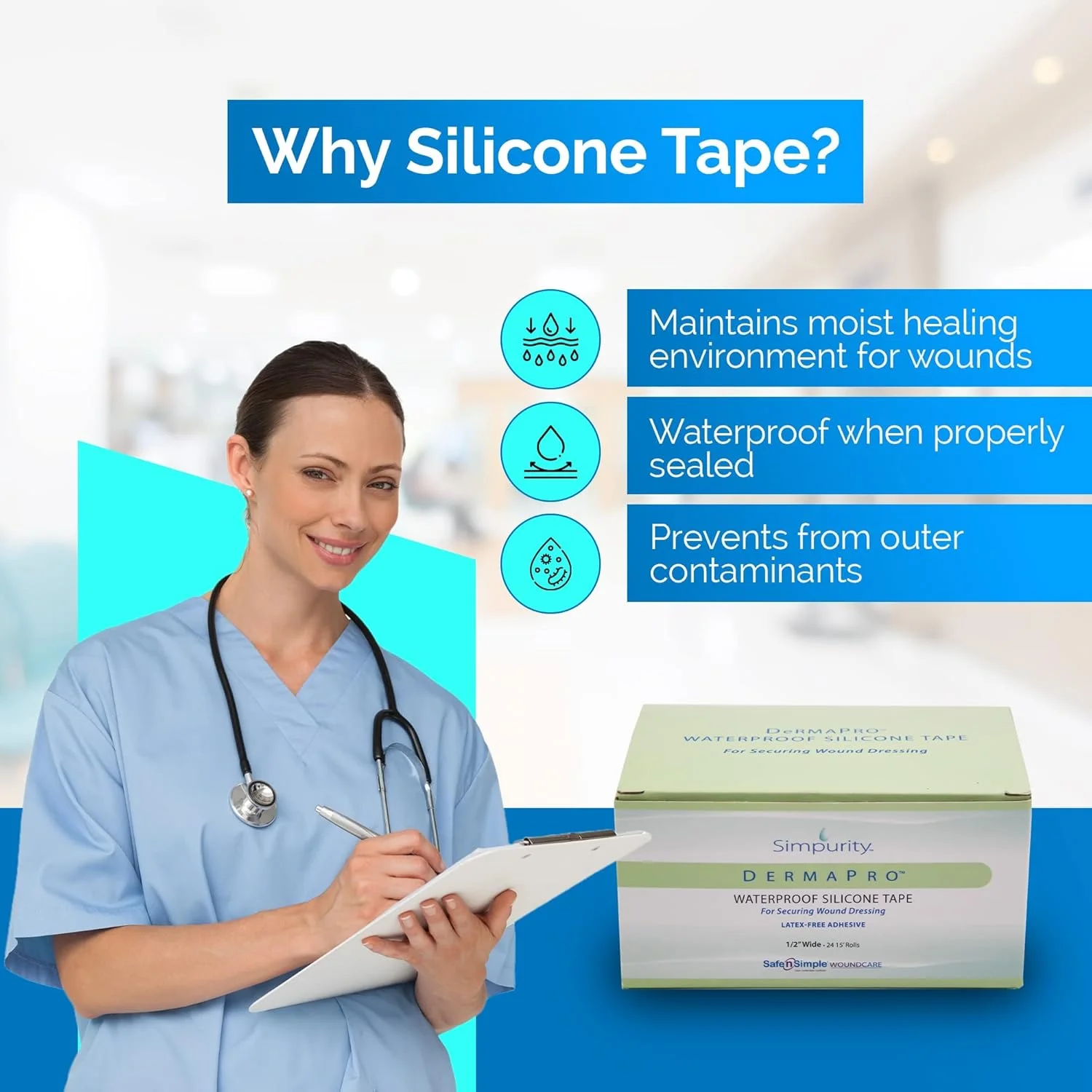 نوار سیلیکونی ضد آب Simpurity DermaPro - 2"x15" بسته 6 عددی - نوار پزشکی بدون لاتکس برای محکم کردن پانسمان زخم - نوار سیلیکونی ترمیم زخم برای پوست حساس ضد آب نوار سیلیکونی ضد آب Simpurity DermaPro - 2"x15" بسته 6 عددی - نوار پزشکی بدون لاتکس برای محکم کردن پانسمان زخم - نوار سیلیکونی ترمیم زخم برای پوست حساس ضد آب