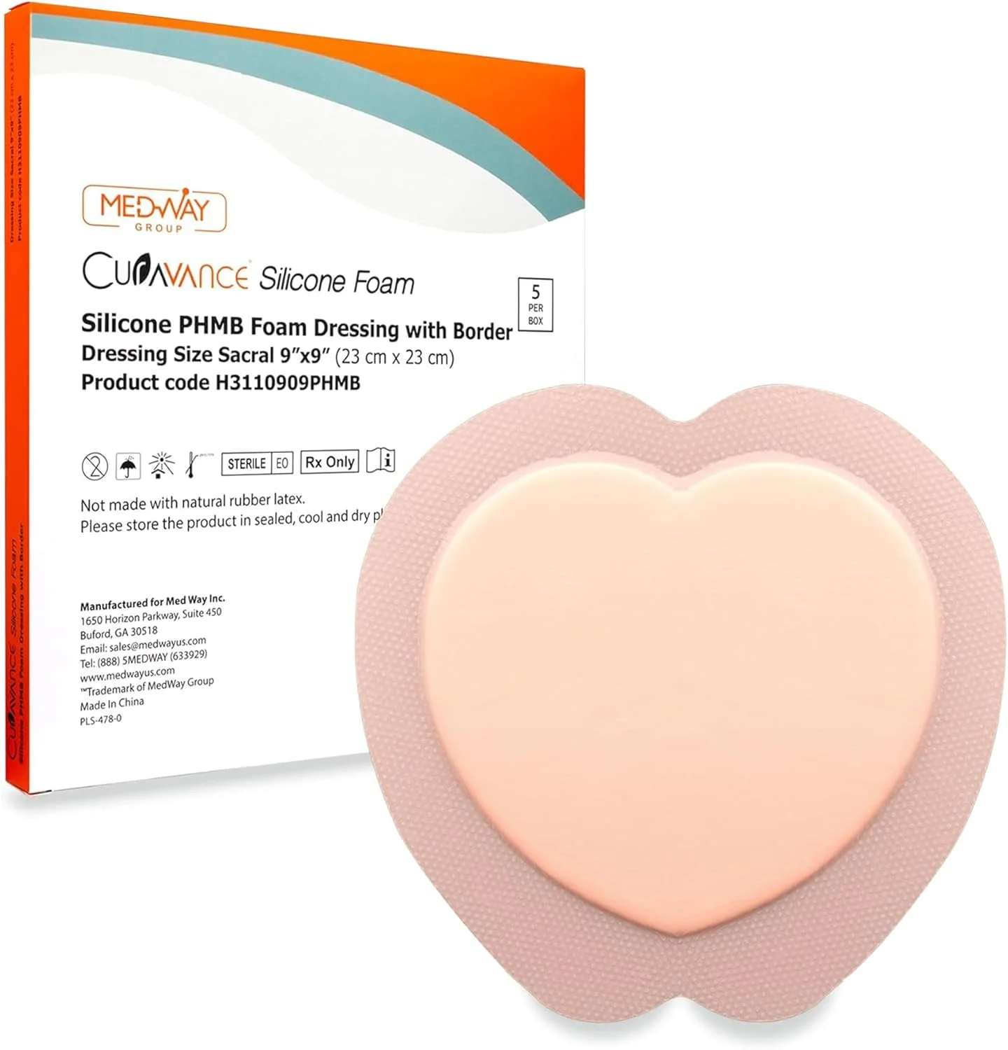 پانسمان فوم سیلیکونی چسبنده PHMB با حاشیه ساکرال MedVance، بانداژ درمان زخم بستر برای استخوان خاجی، سایز 9"x 9" (پد 6.1" x 6.6")، جعبه 5 عددی