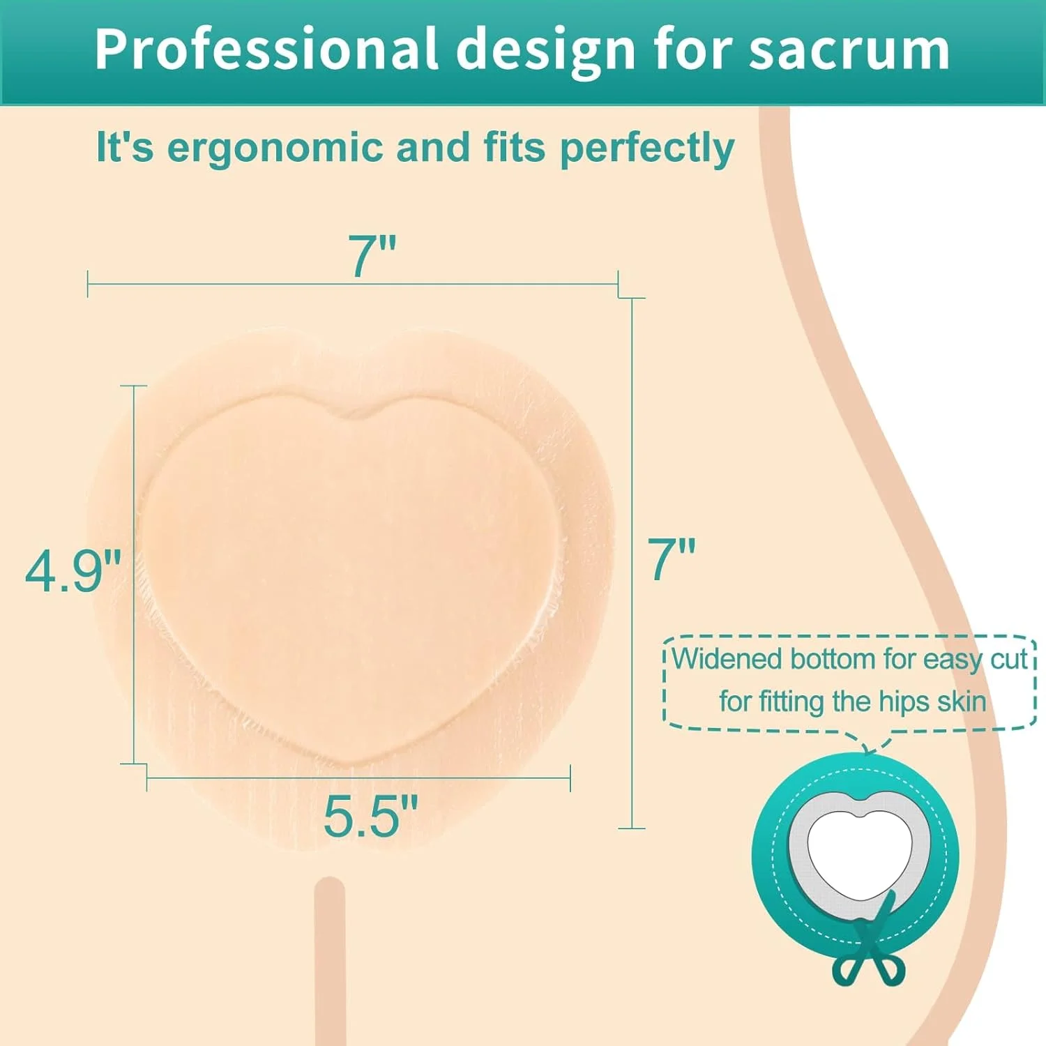 پانسمان فوم نقره ای ساکروم نالاکال با حاشیه چسب سیلیکونی 7"x7" ضد آب، پدهای استخوانی دنبالچه جاذب و تنفسی، پانسمان زخم بستر (5 عدد)