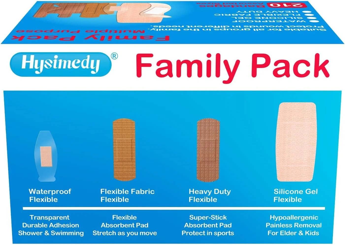 بسته متنوع چسب زخم هایسیمدی، 210 عدد، پارچه انعطاف پذیر، مقاوم، ضد آب، سیلیکونی، ضد حساسیت، بدون لاتکس، مناسب پوست های حساس، مراقبت از زخم، لوازم جعبه کمک های اولیه پزشکی