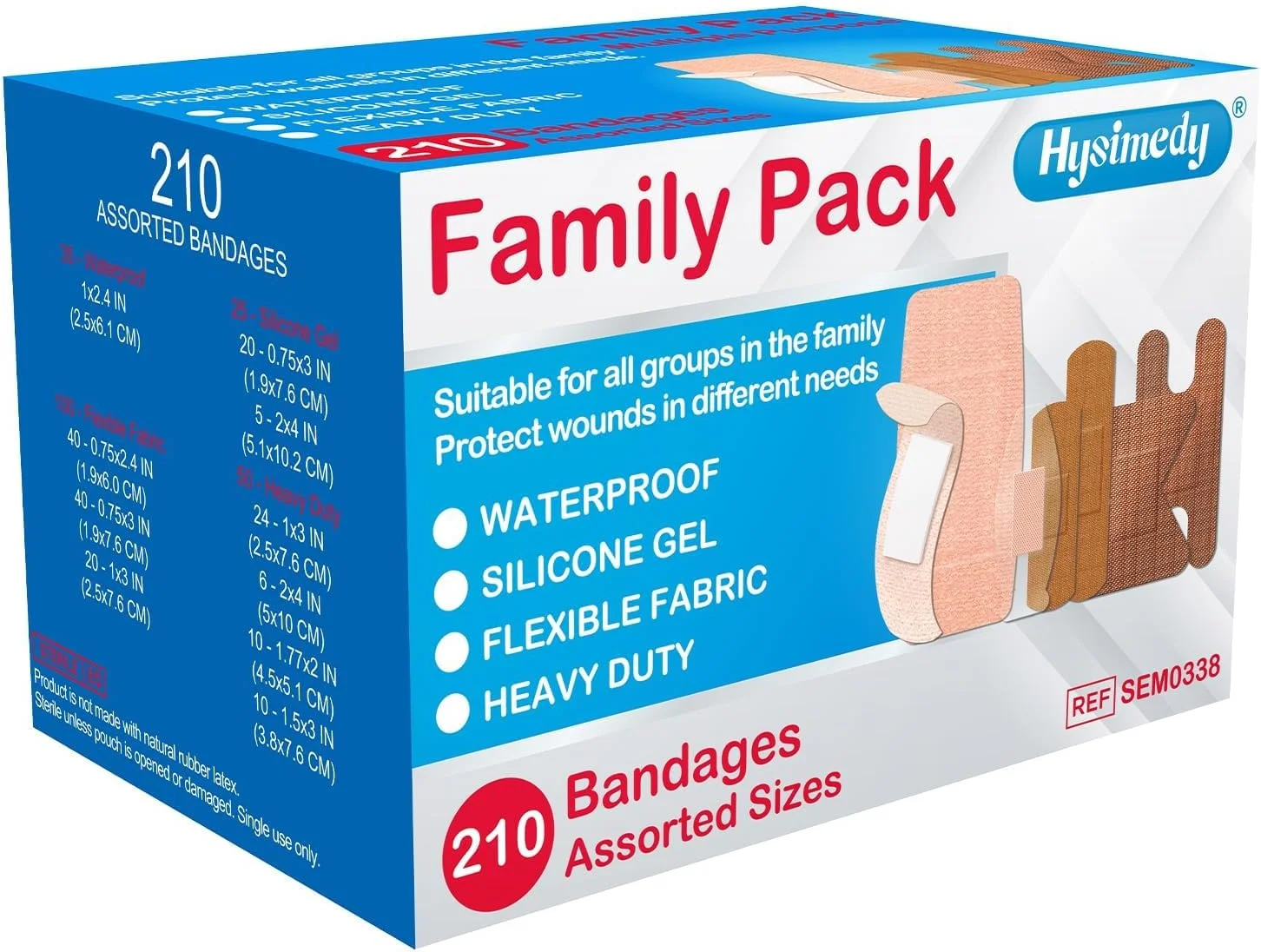 بسته متنوع چسب زخم هایسیمدی، 210 عدد، پارچه انعطاف پذیر، مقاوم، ضد آب، سیلیکونی، ضد حساسیت، بدون لاتکس، مناسب پوست های حساس، مراقبت از زخم، لوازم جعبه کمک های اولیه پزشکی