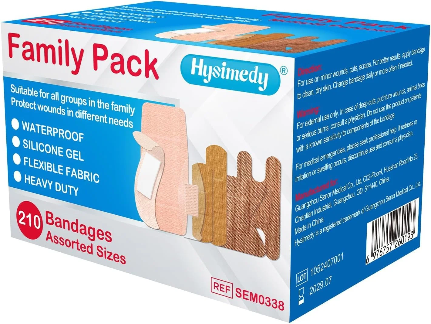 بسته متنوع چسب زخم هایسیمدی، 210 عدد، پارچه انعطاف پذیر، مقاوم، ضد آب، سیلیکونی، ضد حساسیت، بدون لاتکس، مناسب پوست های حساس، مراقبت از زخم، لوازم جعبه کمک های اولیه پزشکی