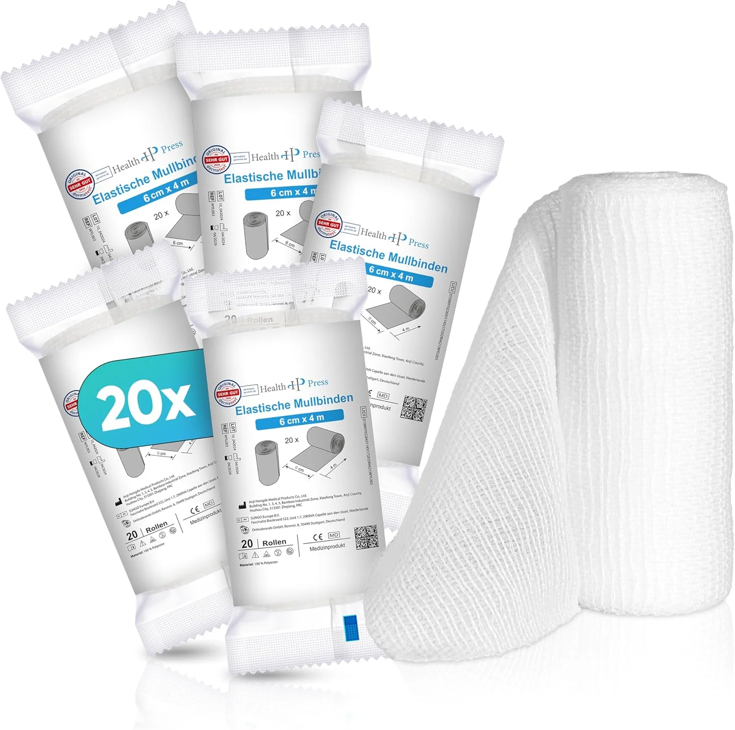 باندهای گاز استریل Health Press® - مواد باند (6 سانتی متر x 4 متر) 20 رول - باند کشی - دستگاه پزشکی - باند تثبیت کننده تست شده از نظر پوستی - باند ایده آل برای کمک های اولیه و مراقبت از زخم