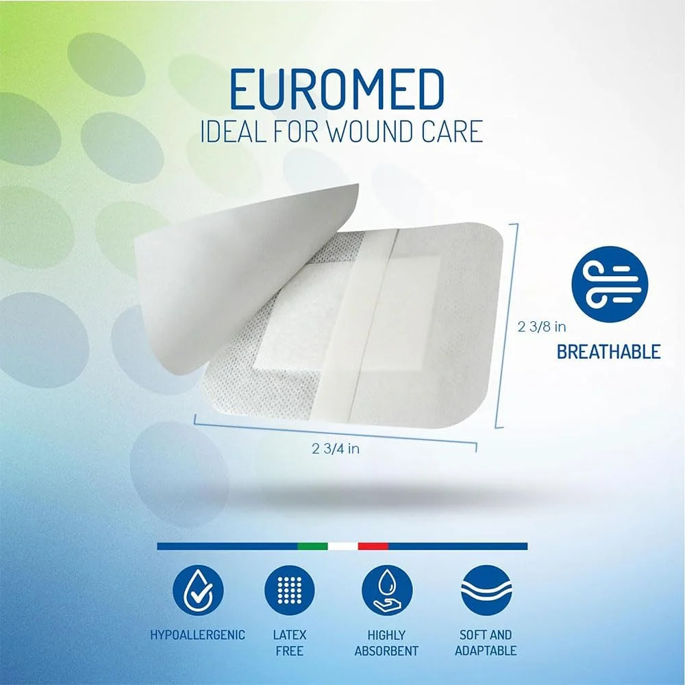 یورو فارم پانسمان استریل پزشکی Euromed: تنفسی، استریل، غیر بافته، دارای بالشتک و انعطاف پذیر، جاذب با حاشیه چسب ممتاز. ساخت ایتالیا. 2 1/2"x 3" EUROWC1600 100 عدد یورو فارم پانسمان استریل پزشکی Euromed: تنفسی، استریل، غیر بافته، دارای بالشتک و انعطاف پذیر، جاذب با حاشیه چسب ممتاز. ساخت ایتالیا. 2 1/2"x 3" EUROWC1600 100 عدد
