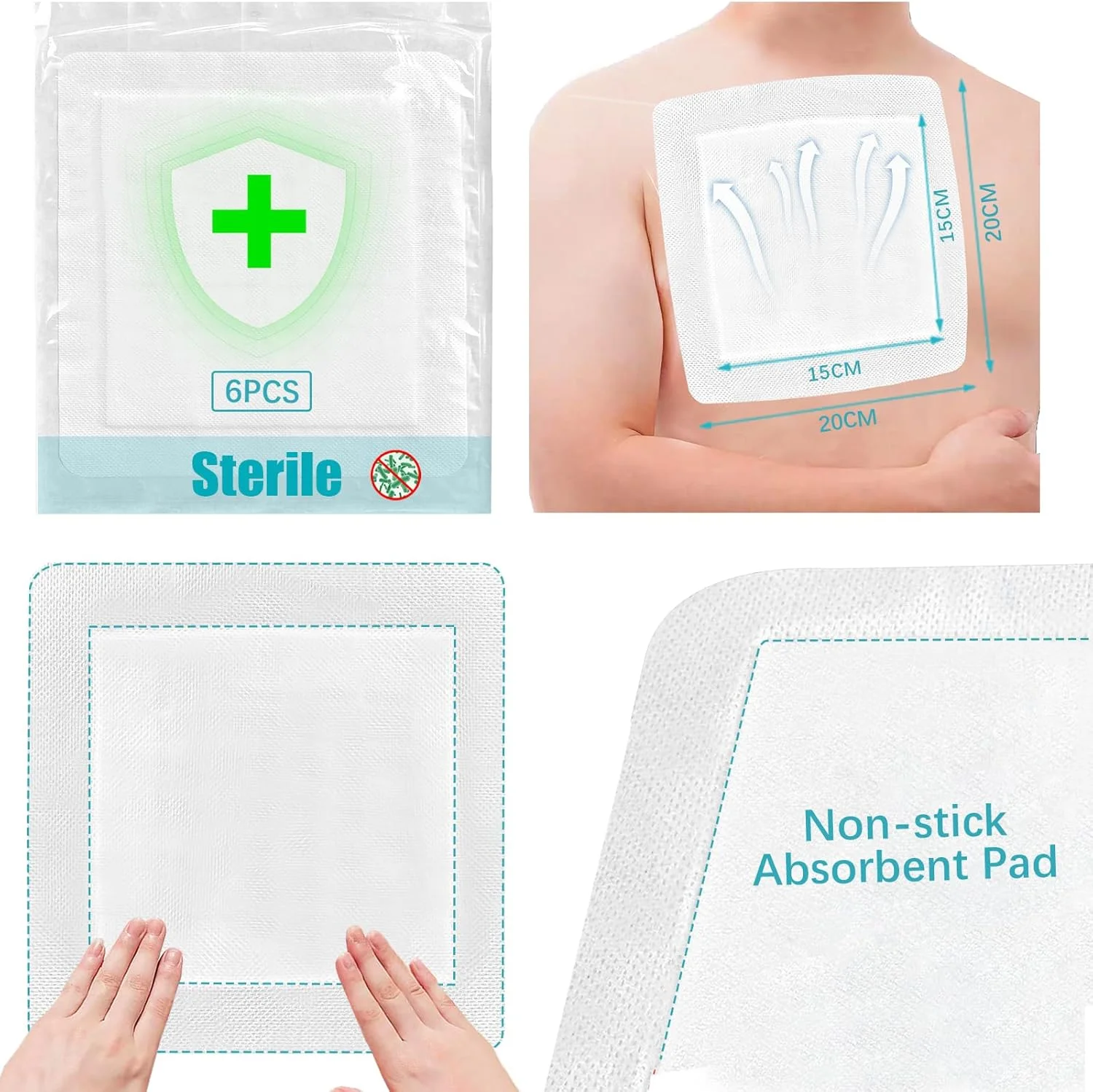 پانسمان چسبی بزرگ زخم، پدهای پانسمان جاذب و تنفسی، بانداژ تک تک بسته بندی شده برای مراقبت از زخم بعد از جراحی، سوختگی، بریدگی، خراش (20 x 20 سانتی متر، 6 عدد)