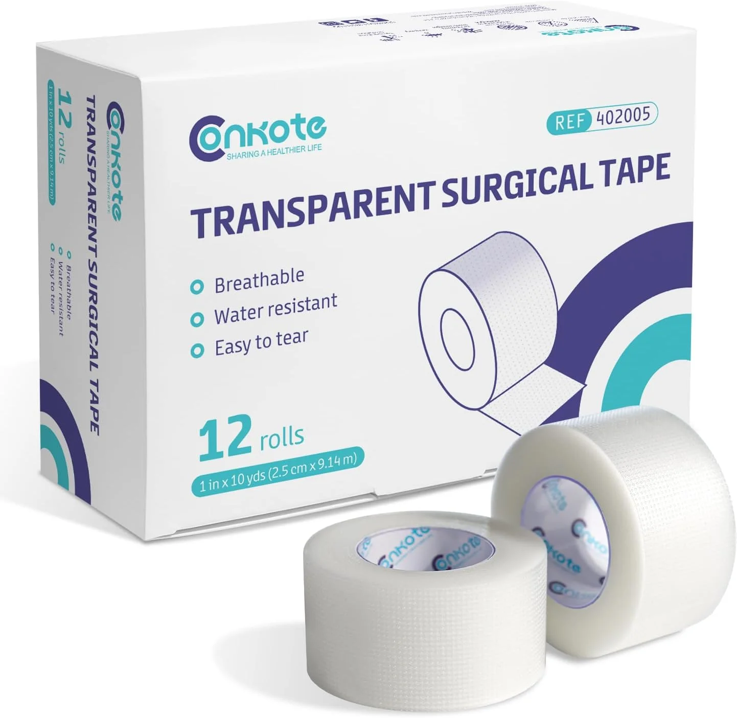 نوار چسب پزشکی شفاف کانکوت 1 اینچ در 10 یارد، نوار باند جراحی شفاف چسب دار کمک های اولیه برای مراقبت از زخم، 12 رول