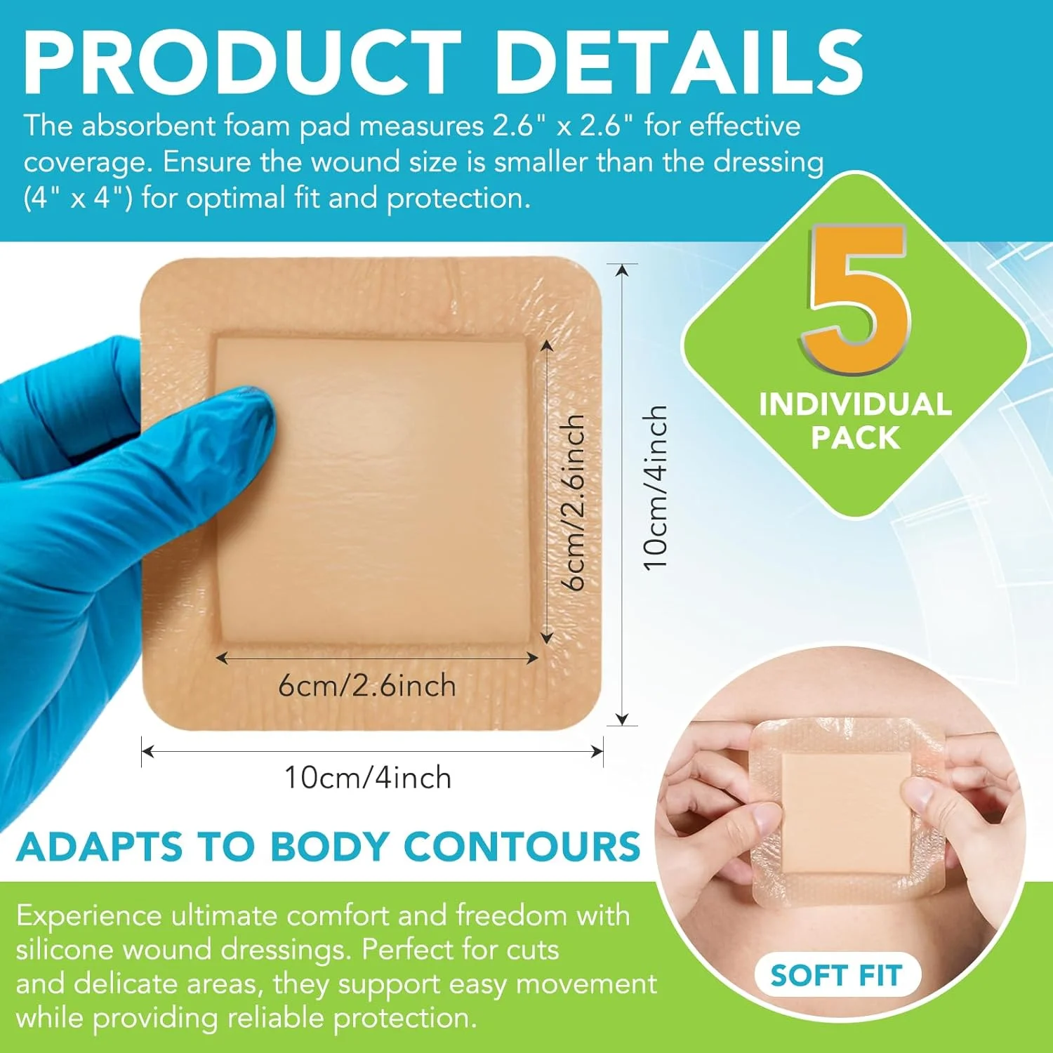 چسب زخم سیلیکونی - 5 عددی، پانسمان فوم نقره سیلیکونی 4x4 اینچی با حاشیه، بسته بندی جداگانه برای پوشاندن، محافظت و جذب ترشحات زخم، باند زخم