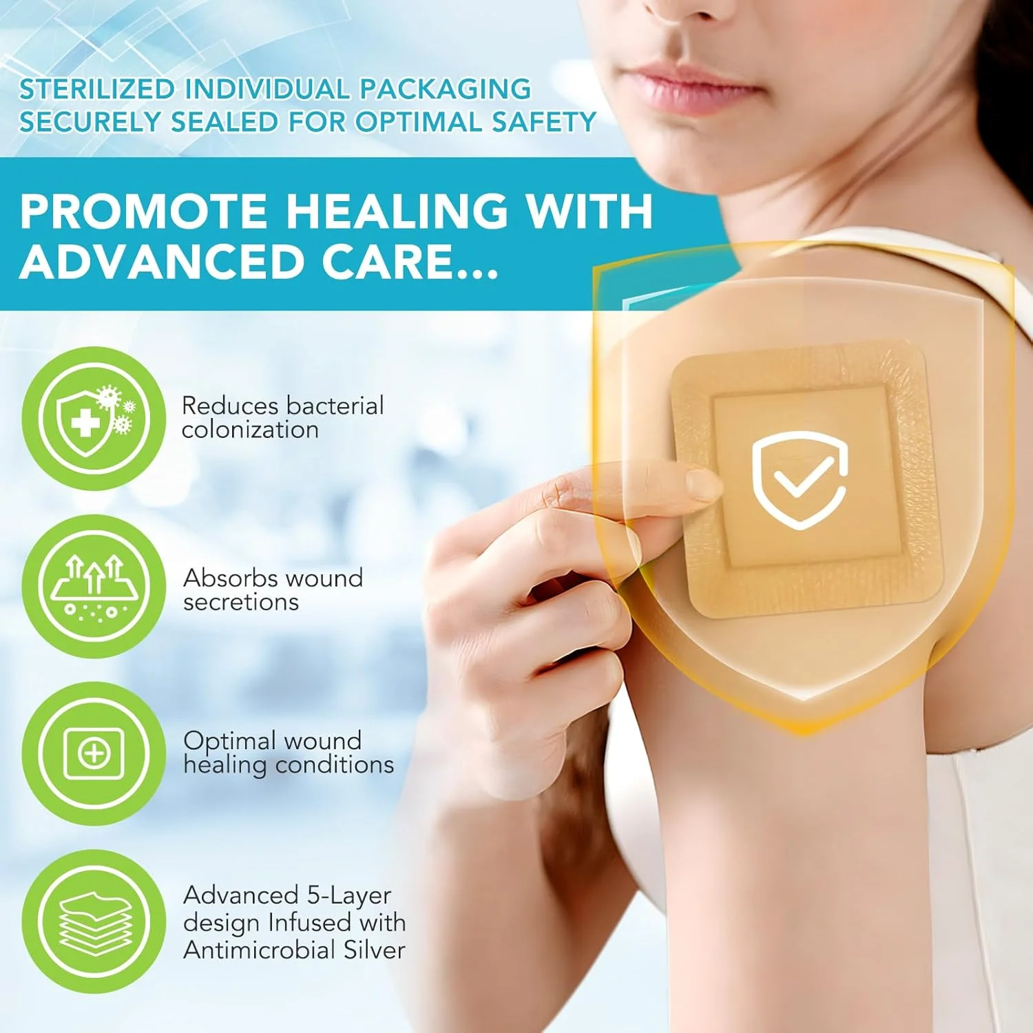 چسب زخم سیلیکونی - 5 عددی، پانسمان فوم نقره سیلیکونی 4x4 اینچی با حاشیه، بسته بندی جداگانه برای پوشاندن، محافظت و جذب ترشحات زخم، باند زخم