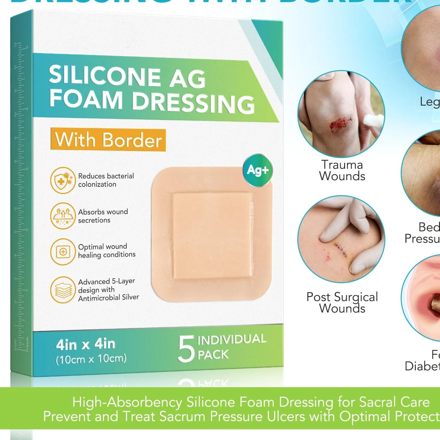 چسب زخم سیلیکونی - 5 عددی، پانسمان فوم نقره سیلیکونی 4x4 اینچی با حاشیه، بسته بندی جداگانه برای پوشاندن، محافظت و جذب ترشحات زخم، باند زخم