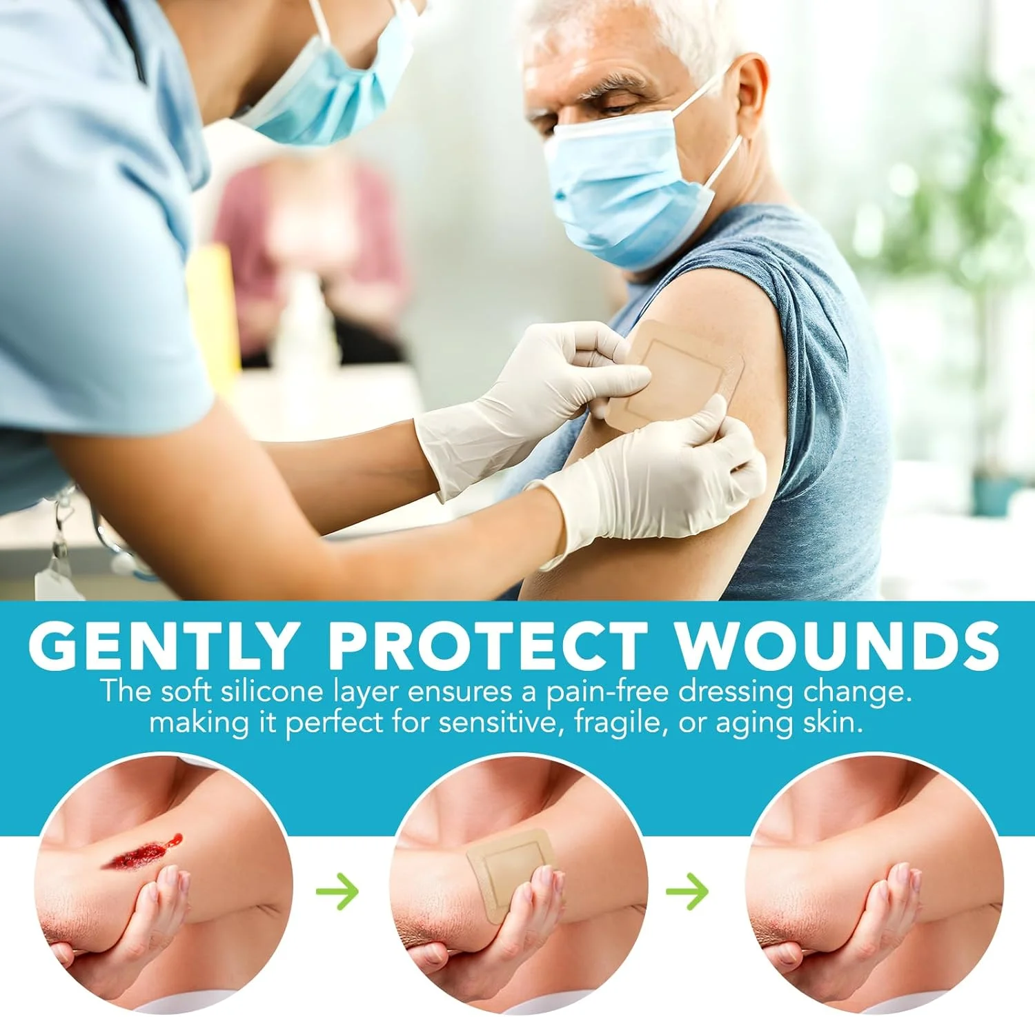چسب زخم سیلیکونی - 5 عددی، پانسمان فوم نقره سیلیکونی 4x4 اینچی با حاشیه، بسته بندی جداگانه برای پوشاندن، محافظت و جذب ترشحات زخم، باند زخم