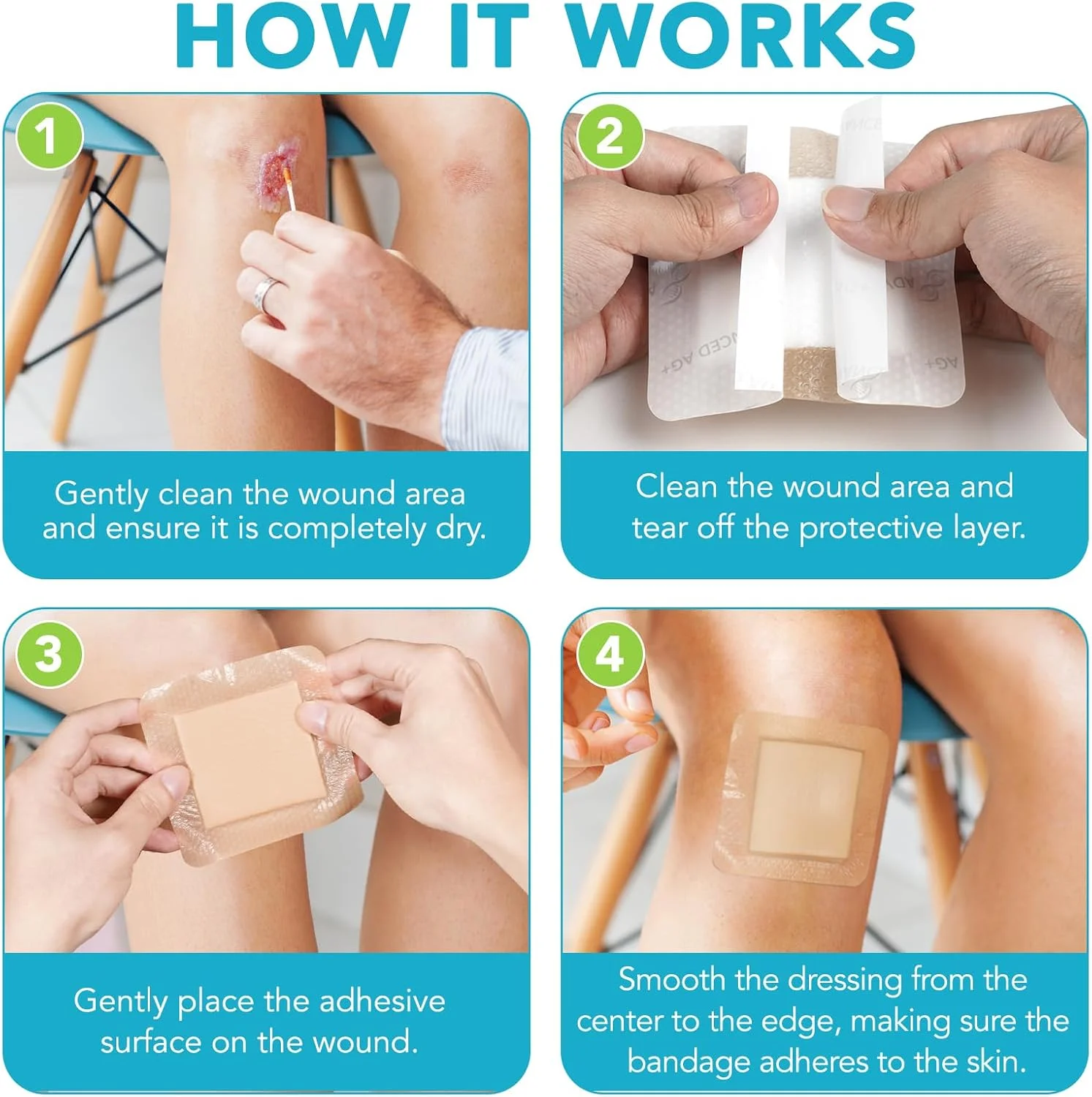 چسب زخم سیلیکونی - 5 عددی، پانسمان فوم نقره سیلیکونی 4x4 اینچی با حاشیه، بسته بندی جداگانه برای پوشاندن، محافظت و جذب ترشحات زخم، باند زخم