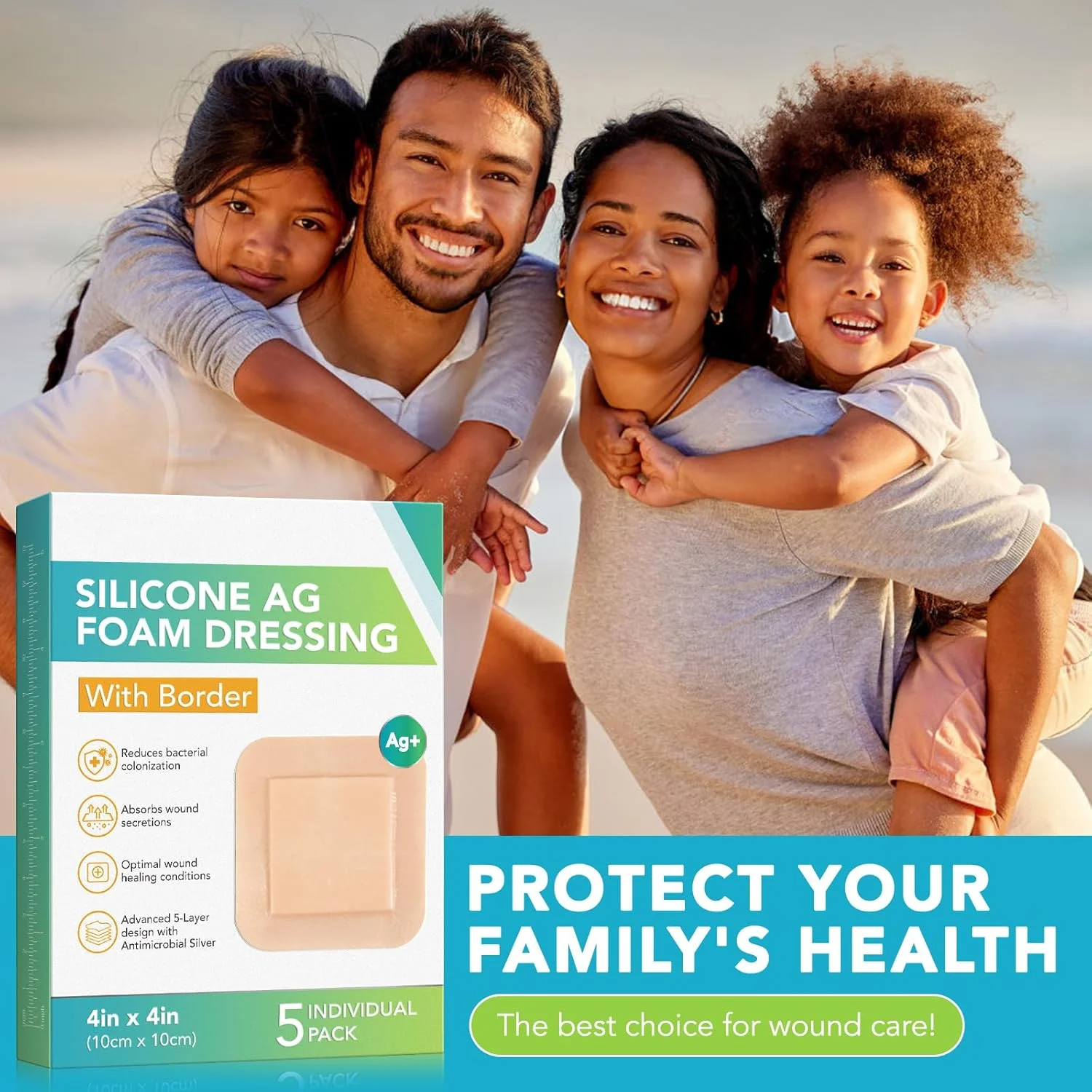 چسب زخم سیلیکونی - 5 عددی، پانسمان فوم نقره سیلیکونی 4x4 اینچی با حاشیه، بسته بندی جداگانه برای پوشاندن، محافظت و جذب ترشحات زخم، باند زخم