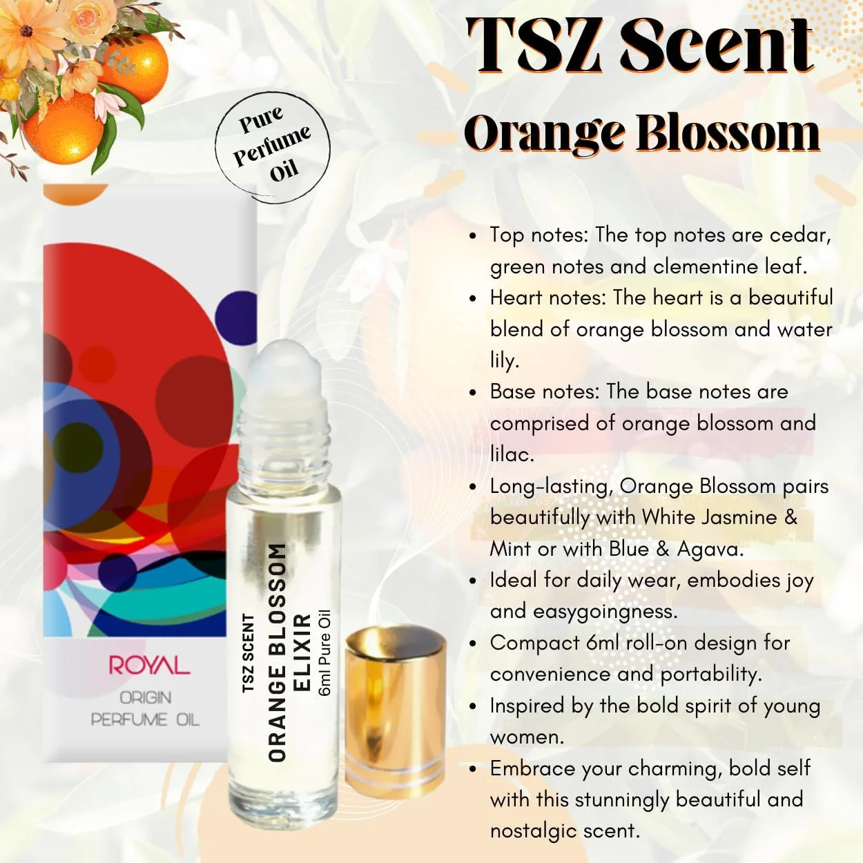 روغن عطر شکوفه پرتقال TSZ Scent، اکسیر 6 میلی لیتری، رایحه مرکباتی و گلی لوکس و ماندگار برای زنان و مردان، مناسب برای هدیه و استفاده روزانه