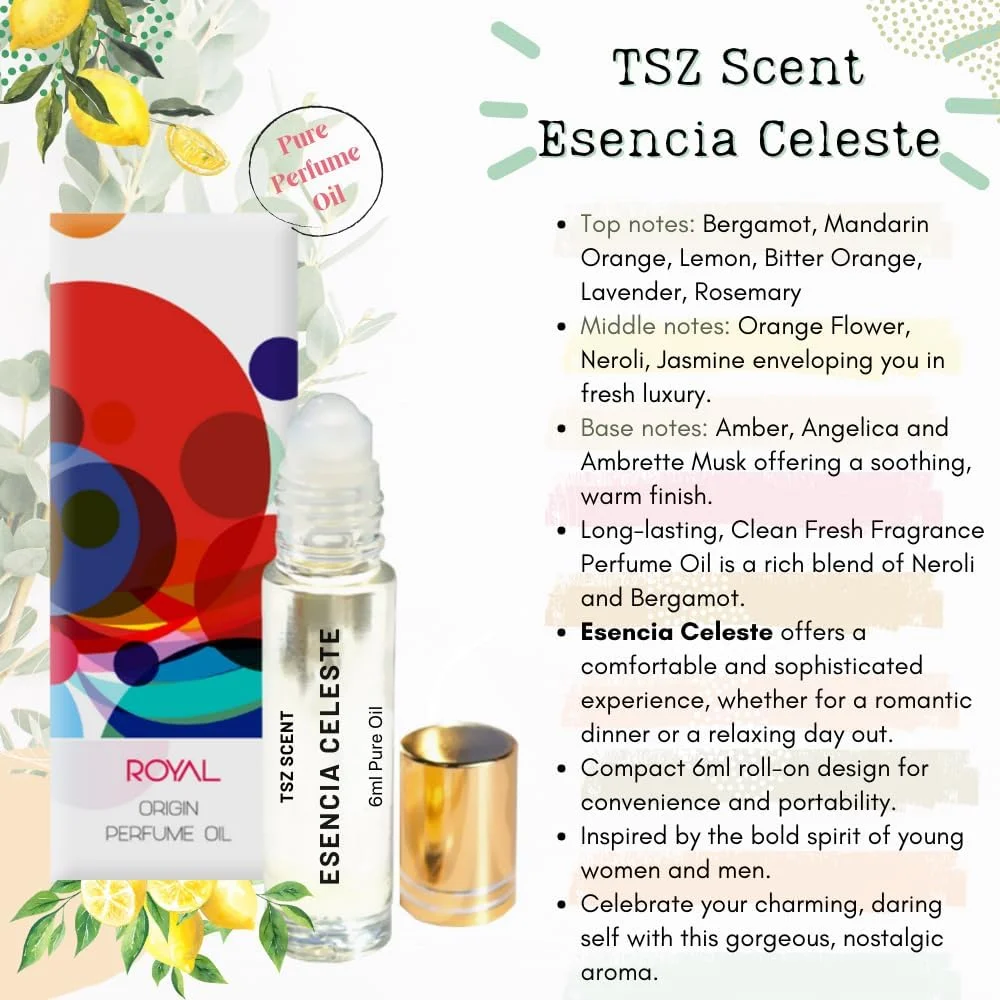 عطر مردانه و زنانه TSZ Scent Esencia Celeste، روغن خالص غلیظ 6 میلی لیتری - رایحه ای با طراوت از مرکبات و گل های سفید، ماندگاری طولانی، رولی و унисекс عطر مردانه و زنانه TSZ Scent Esencia Celeste، روغن خالص غلیظ 6 میلی لیتری - رایحه ای با طراوت از مرکبات و گل های سفید، ماندگاری طولانی، رولی و унисекс
