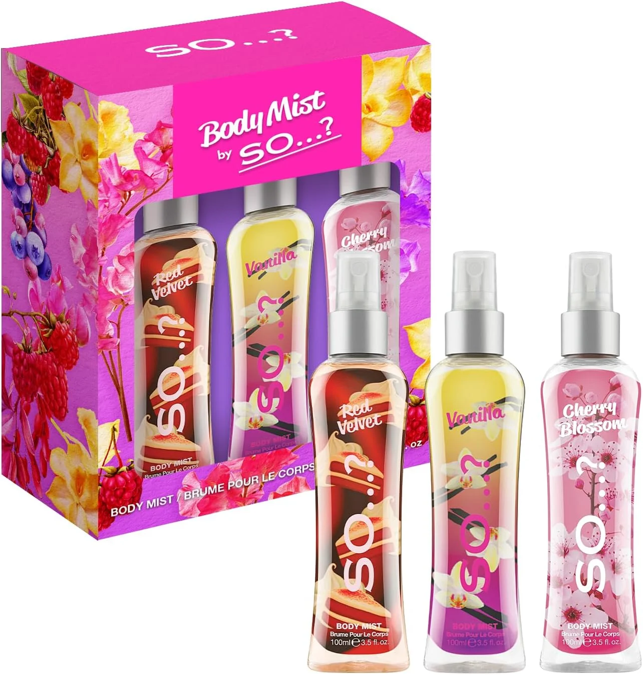 SO…? ست هدیه بادی میست زنانه Luscious Trio، شامل Red Velvet، Vanilla و Cherry Blossom، مجموعه اسپری خوشبو کننده (3x100ml)