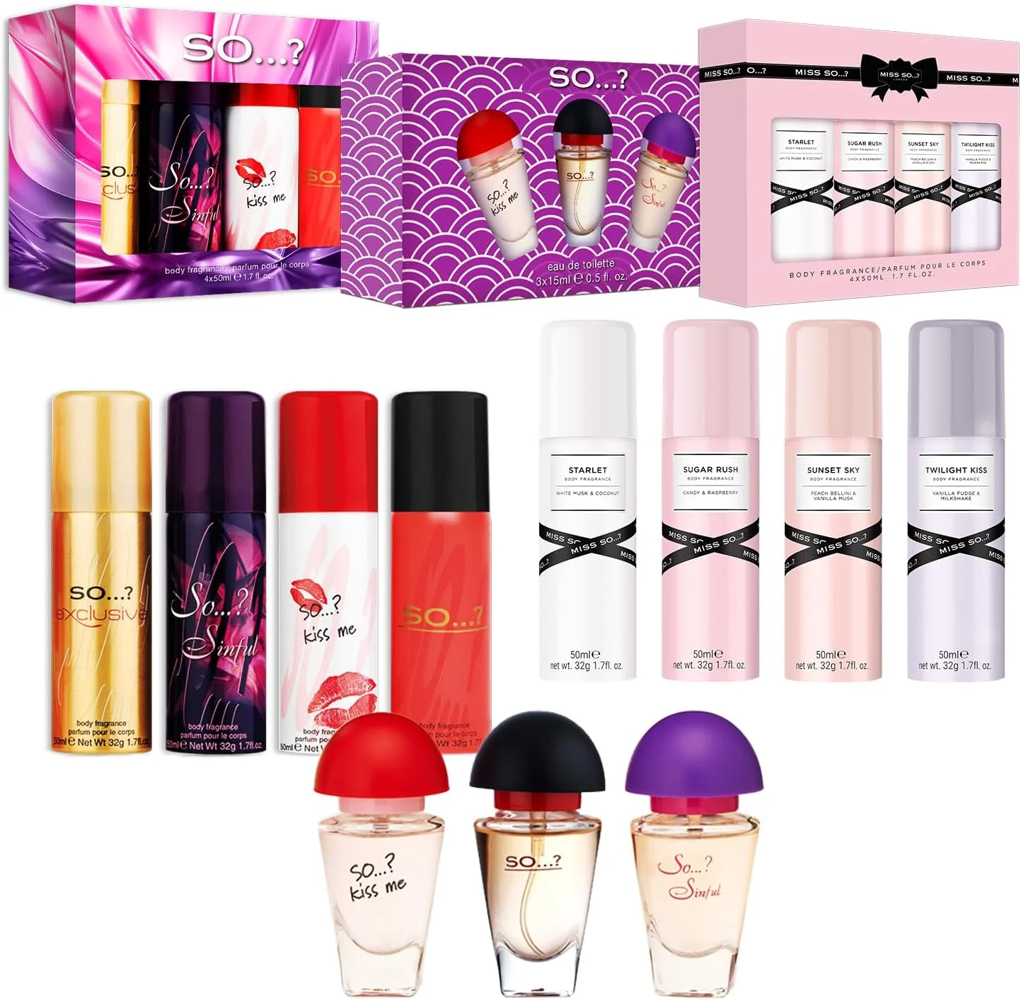 مجموعه هدیه زنانه So…?، اسپری خوشبو کننده بدن و عطر ادو تویلت (4 عدد اسپری بدن 50 میلی لیتری، 3 عدد ادو تویلت 15 میلی لیتری) بسته 3 عددی