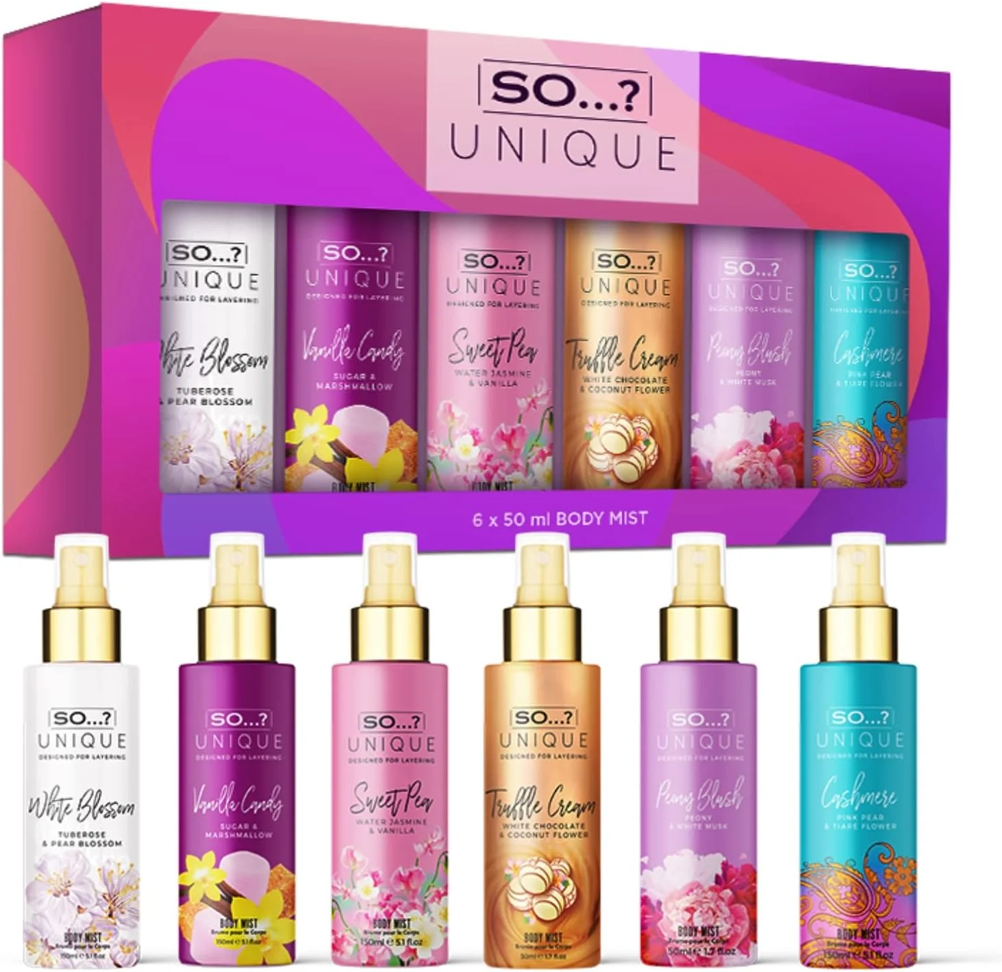 So…? ست هدیه مینی میست زنانه Unique Grande با رایحه های وانیل کندی، سوییت پی، کرم ترافل، کشمیر، پیونی بلاش و وایت بلاسوم، ست اسپری خوشبو کننده بدن (6 x 50ml)