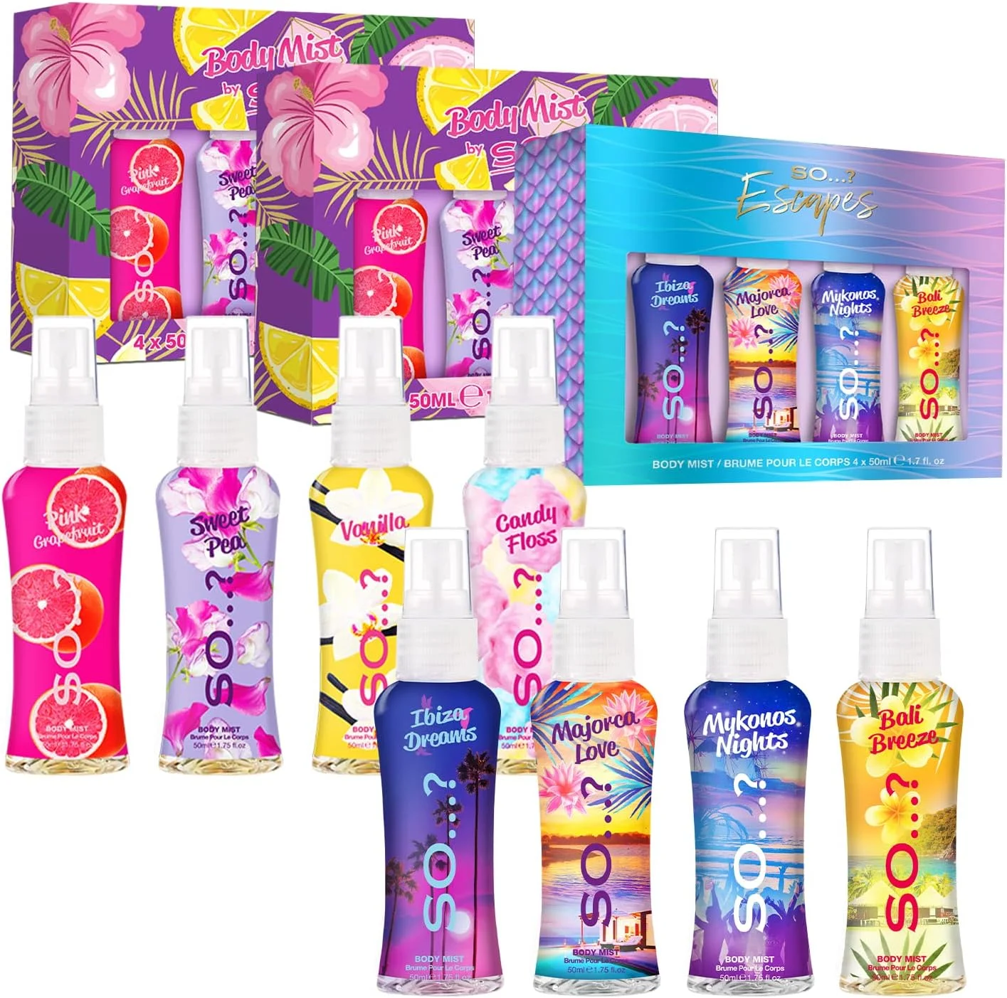 So…? Summer Escapes & Body Mist by So…? بسته هدیه زنانه، اسپری خوشبو کننده بدن (4x50ml) بسته 3 عددی