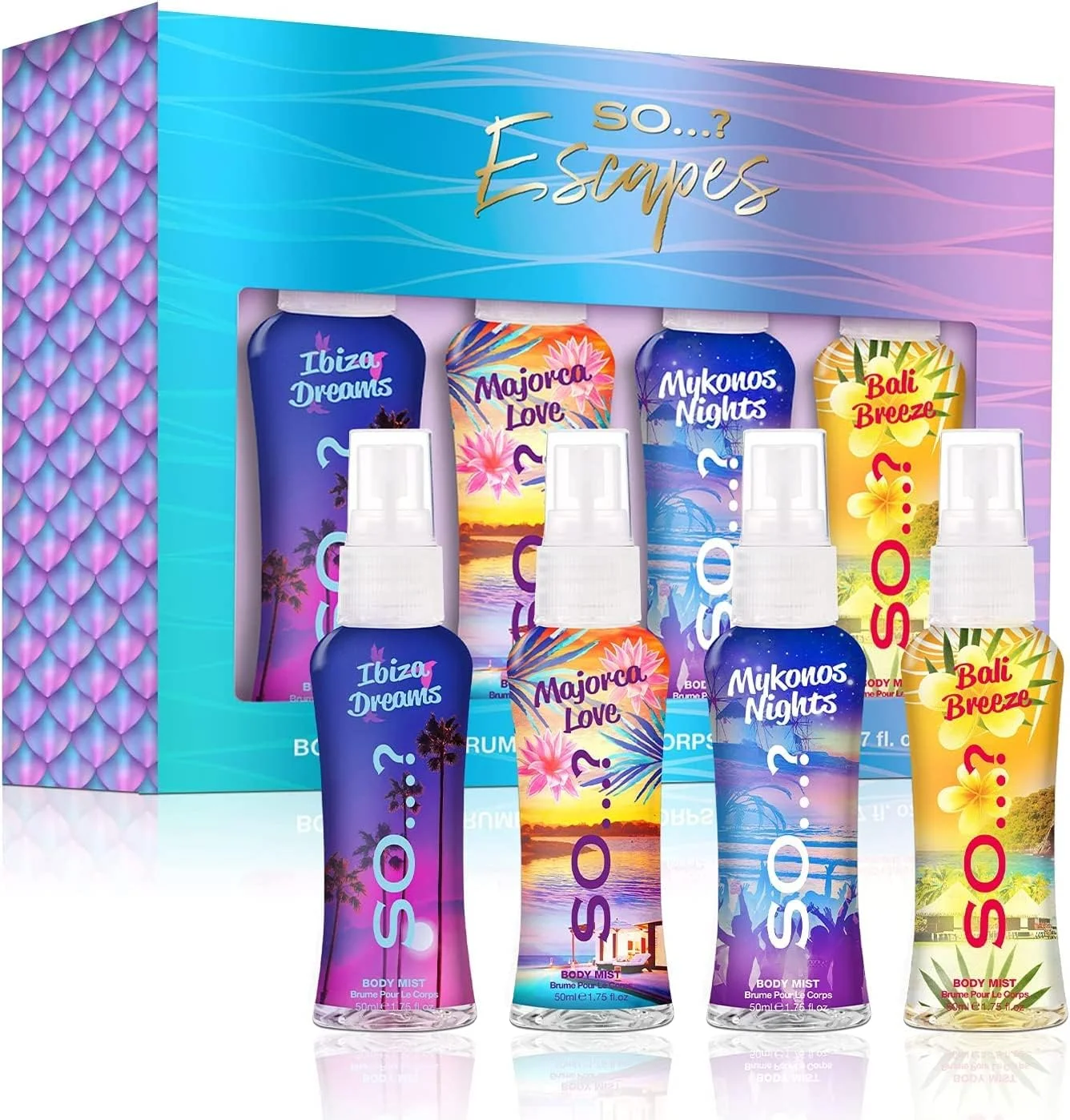 ست هدیه زنانه So…? Escapes، شامل Ibiza Dream، Bali Breeze، Mykonos Nights و Majorca Love، مجموعه اسپری عطر (4 x 50ml)