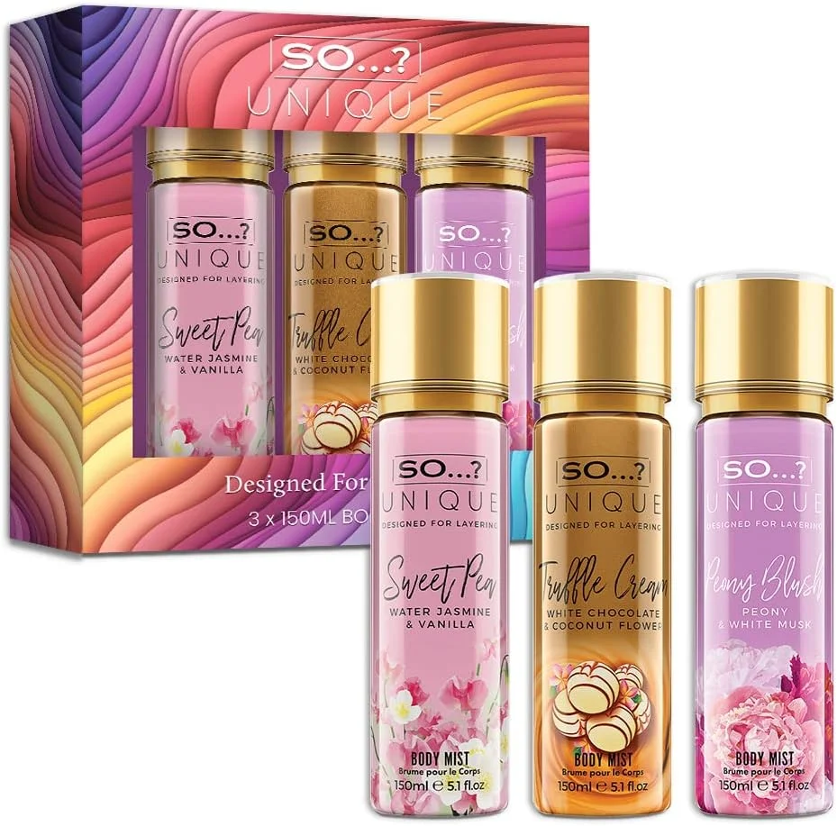 So…? بسته اسپری بادی میست زنانه Unique Womens Pink Bouquet، شامل رایحه‌های نخود شیرین، کرم ترافل و رژگونه گل صد تومانی، مجموعه رایحه ترکیبی 150 میلی‌لیتری (بسته 3 عددی)