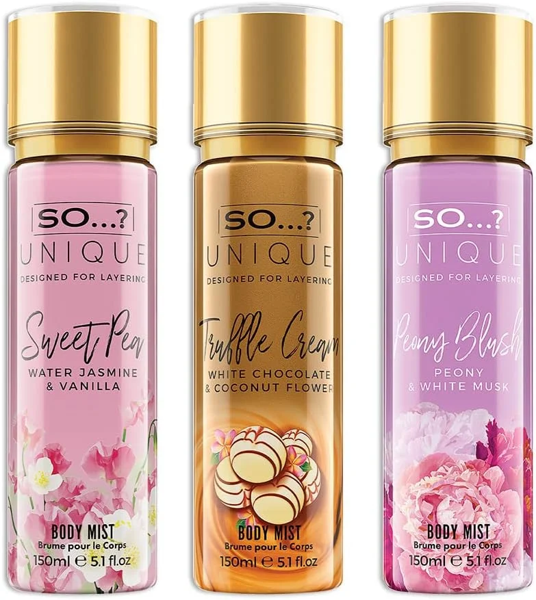 So…? بسته اسپری بادی میست زنانه Unique Womens Pink Bouquet، شامل رایحه‌های نخود شیرین، کرم ترافل و رژگونه گل صد تومانی، مجموعه رایحه ترکیبی 150 میلی‌لیتری (بسته 3 عددی)