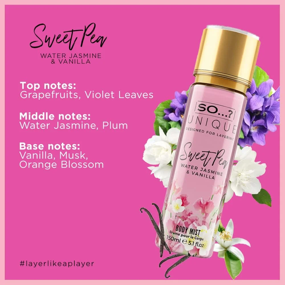 So…? بسته اسپری بادی میست زنانه Unique Womens Pink Bouquet، شامل رایحه‌های نخود شیرین، کرم ترافل و رژگونه گل صد تومانی، مجموعه رایحه ترکیبی 150 میلی‌لیتری (بسته 3 عددی)