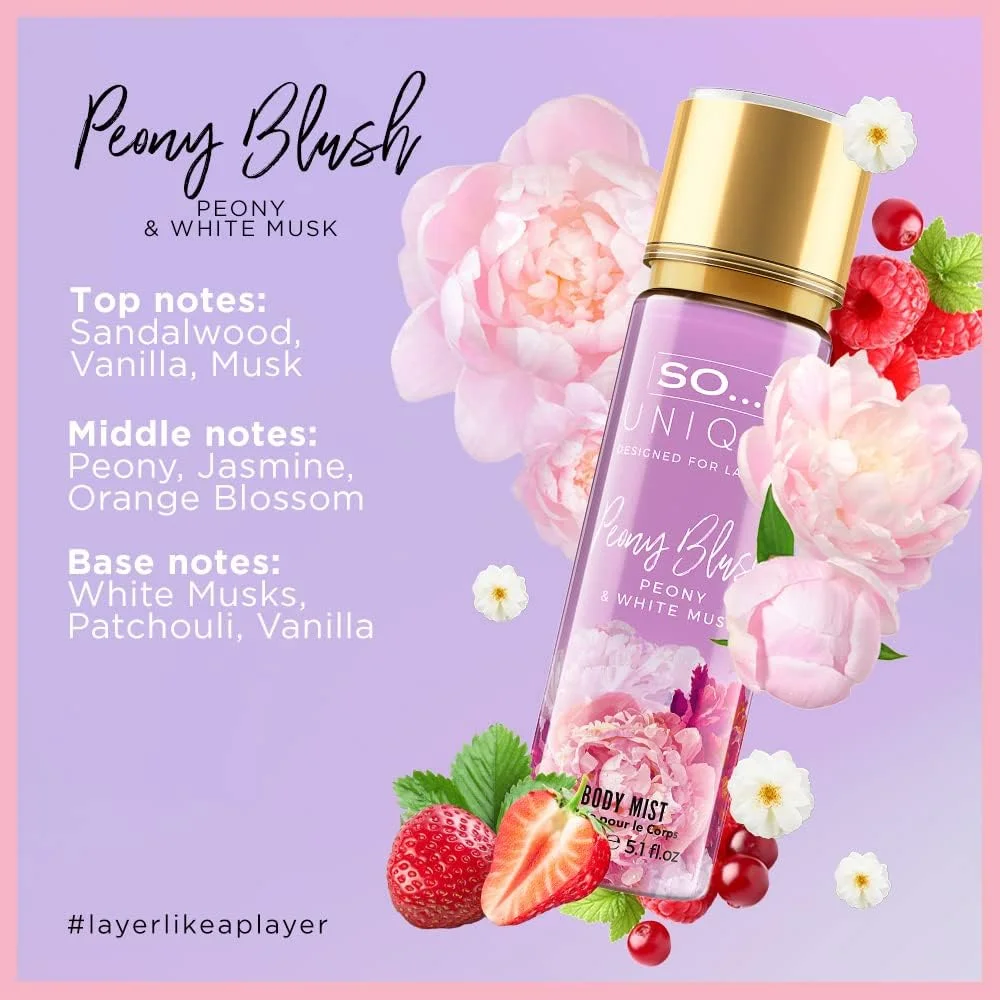 So…? بسته اسپری بادی میست زنانه Unique Womens Pink Bouquet، شامل رایحه‌های نخود شیرین، کرم ترافل و رژگونه گل صد تومانی، مجموعه رایحه ترکیبی 150 میلی‌لیتری (بسته 3 عددی)