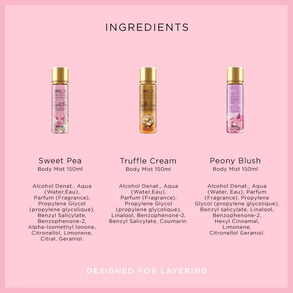 So…? بسته اسپری بادی میست زنانه Unique Womens Pink Bouquet، شامل رایحه‌های نخود شیرین، کرم ترافل و رژگونه گل صد تومانی، مجموعه رایحه ترکیبی 150 میلی‌لیتری (بسته 3 عددی)