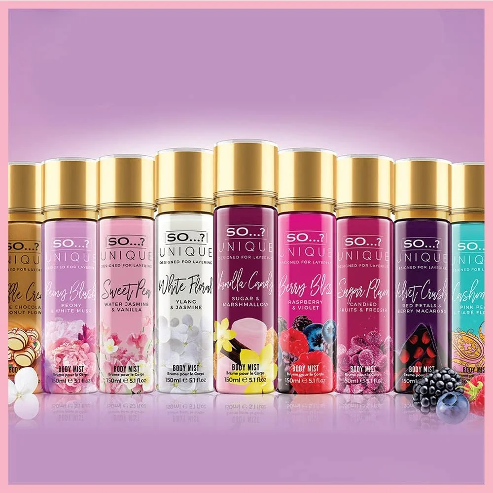 So…? بسته اسپری بادی میست زنانه Unique Womens Pink Bouquet، شامل رایحه‌های نخود شیرین، کرم ترافل و رژگونه گل صد تومانی، مجموعه رایحه ترکیبی 150 میلی‌لیتری (بسته 3 عددی)