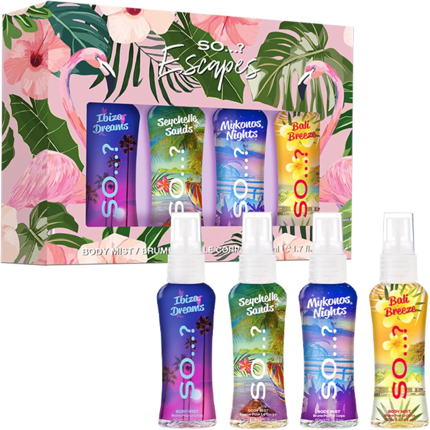 ست هدیه عطر زنانه So…? Escapes – رایحه های عجیب و غریب را با مجموعه جذاب بادی میست زنانه ما در آغوش بگیرید: Ibiza Dream، Bali Breeze، Mykonos Nights & Seychelle Sands، 4 عدد 50 میلی لیتری