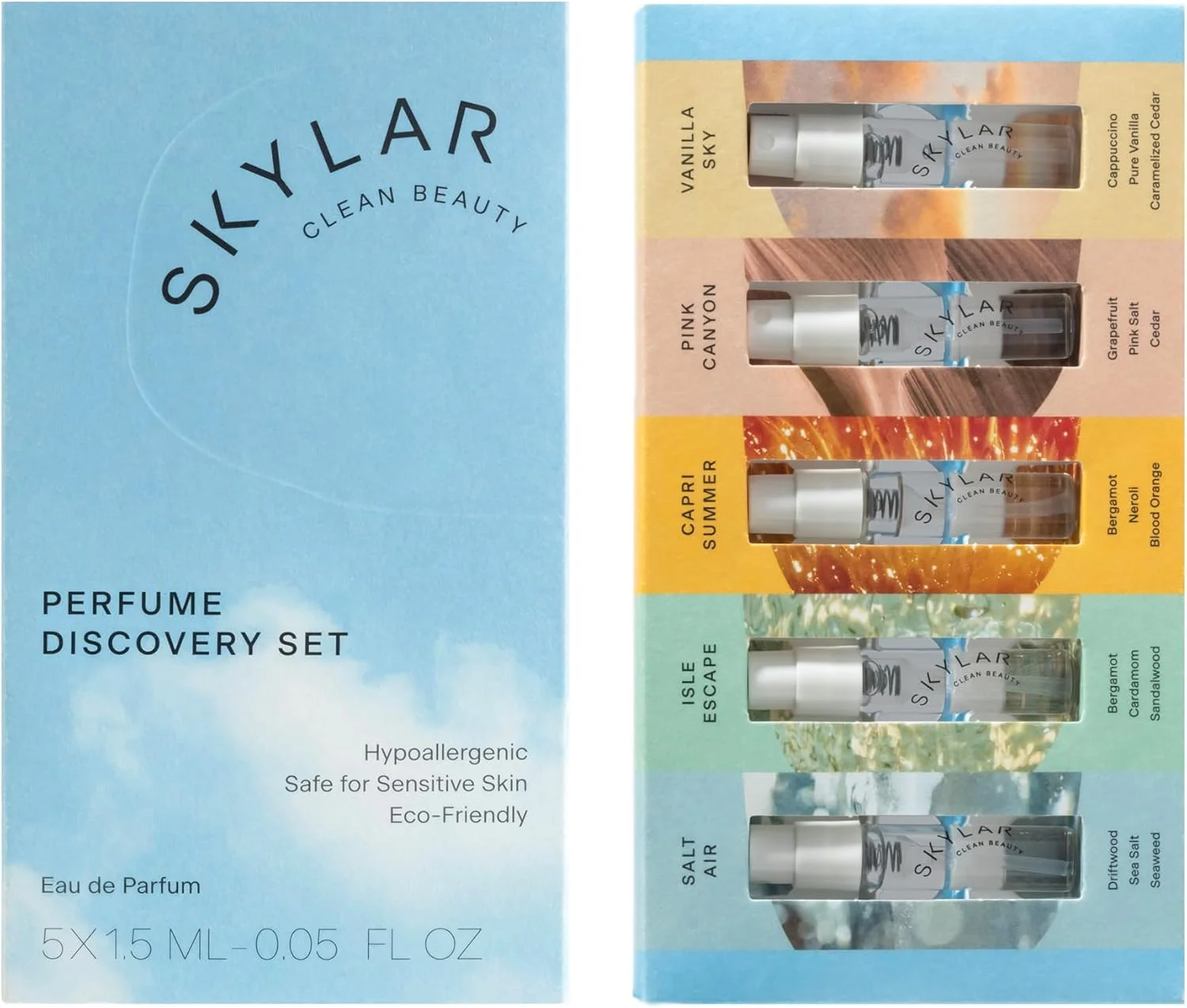 ست نمونه عطر اسپری Skylar - Salt Air, Isle Escape, Capri Summer, Pink Canyon, Vanilla Sky - عطر ضد حساسیت و پاکیزه برای زنان و مردان - 5 عدد 1.5 میلی لیتر