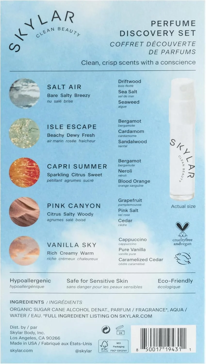 ست نمونه عطر اسپری Skylar - Salt Air, Isle Escape, Capri Summer, Pink Canyon, Vanilla Sky - عطر ضد حساسیت و پاکیزه برای زنان و مردان - 5 عدد 1.5 میلی لیتر ست نمونه عطر اسپری Skylar - Salt Air, Isle Escape, Capri Summer, Pink Canyon, Vanilla Sky - عطر ضد حساسیت و پاکیزه برای زنان و مردان - 5 عدد 1.5 میلی لیتر