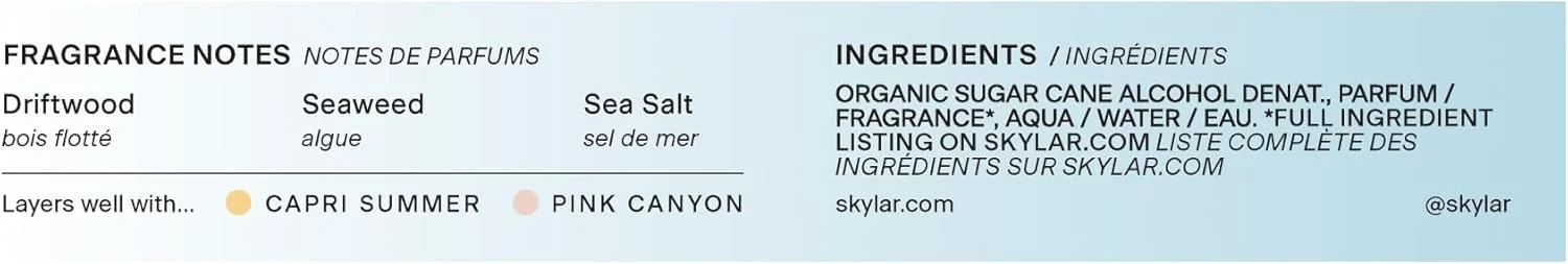 ادکلن Skylar Salt Air Eau de Parfum - عطر ضد حساسیت و پاکیزه برای زنان و مردان، وگان و ایمن برای پوست های حساس - عطر تازه با رایحه های چوب خیس، نمک دریا و جلبک دریایی - 10 میلی لیتر / 0.33 Fl oz