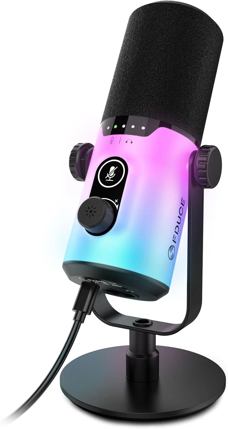 کیت میکروفون گیمینگ داینامیک FDUCE، میکروفون کامپیوتر پادکست USB/XLR با پایه رومیزی، نور RGB، دکمه بی‌صدا و جک هدفون، برای استریمینگ بازی، استودیوی ضبط، یوتیوب و چت آنلاین (D20)