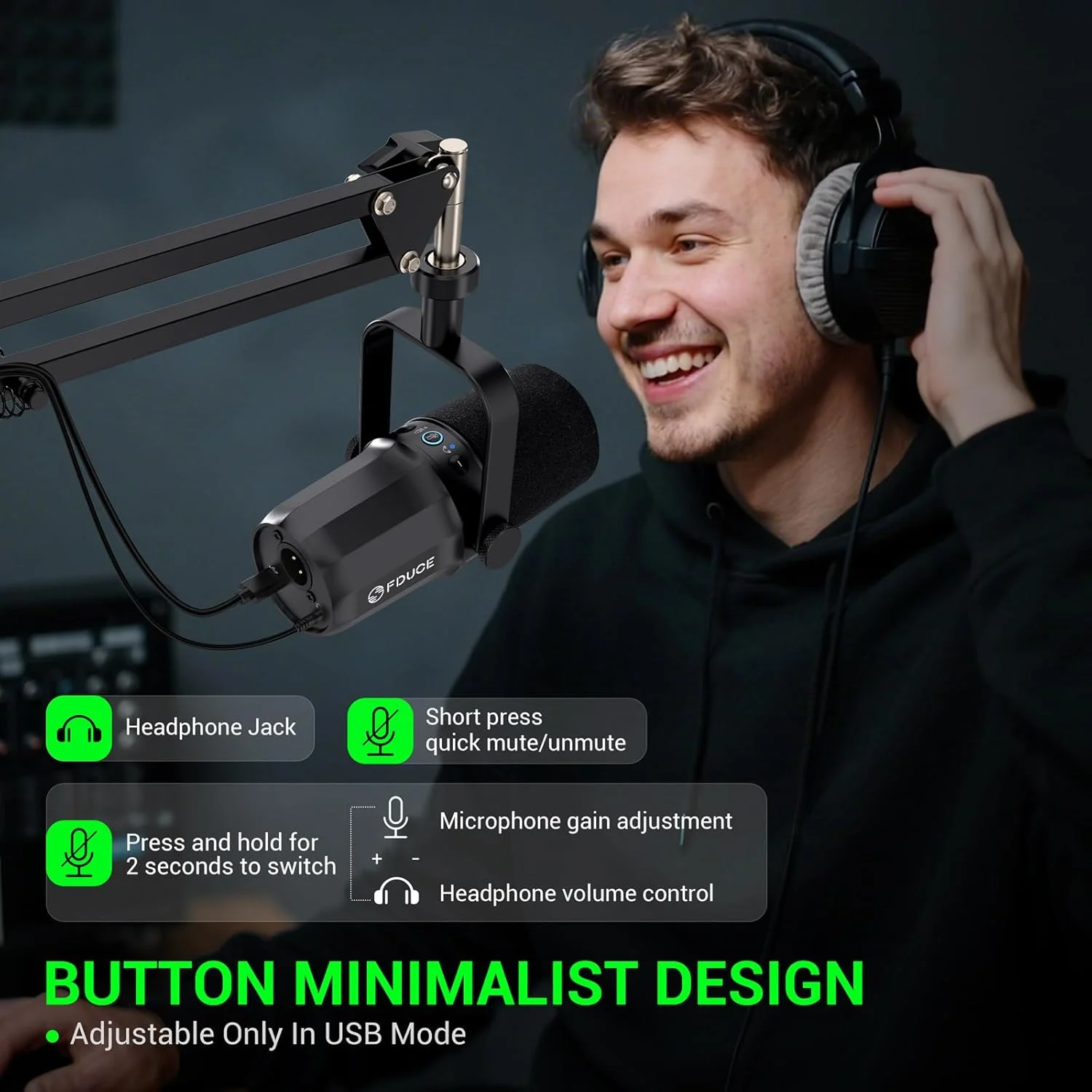 میکروفون دینامیک FDUCE، میکروفون ضبط پادکست XLR/USB برای ضبط صدا، استریمینگ، میکروفون استودیویی فلزی با دکمه قطع صدا، جک هدفون، کنترل حجم صدا مانیتورینگ، به همراه بازوی بوم (SL40+)