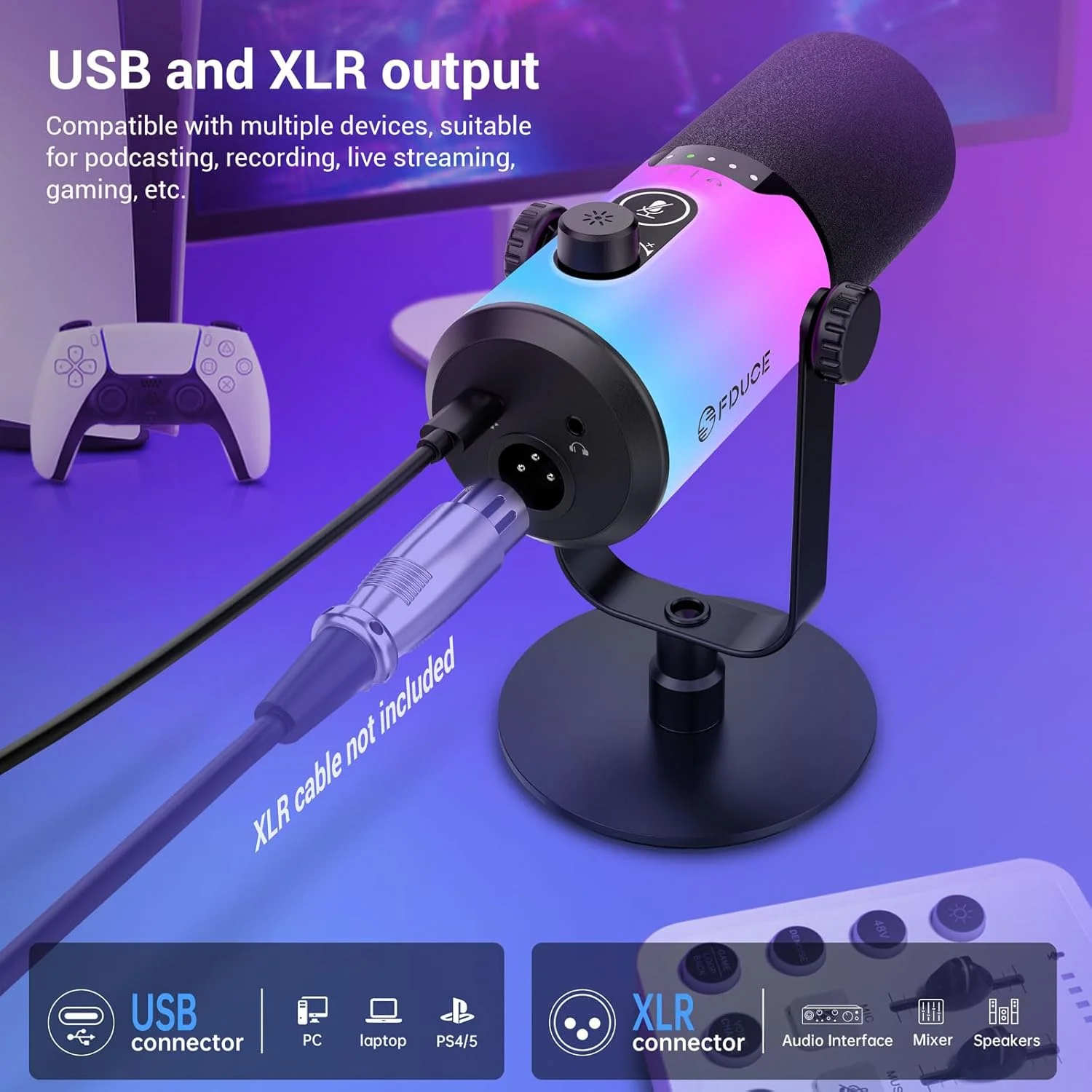 کیت میکروفون گیمینگ داینامیک FDUCE، میکروفون کامپیوتر پادکست USB/XLR با پایه رومیزی، نور RGB، دکمه بی‌صدا و جک هدفون، برای استریمینگ بازی، استودیوی ضبط، یوتیوب و چت آنلاین (D20)