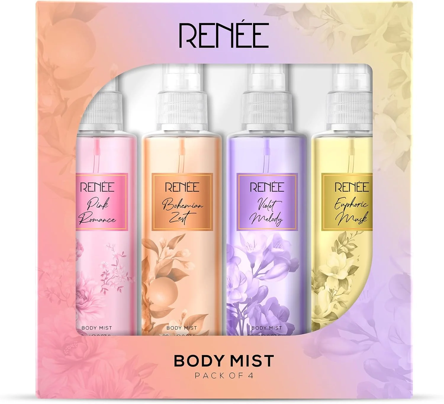 پک بادی میست 4 عددی رنه، Pink Romance، Euphoric Musk، Violet Melody، Bohemian Zest، ترکیبی از رایحه های گلی و میوه ای، رایحه گرم و تند، عطر ممتاز ماندگار برای زنان، مناسب سفر، 20 میلی لیتر