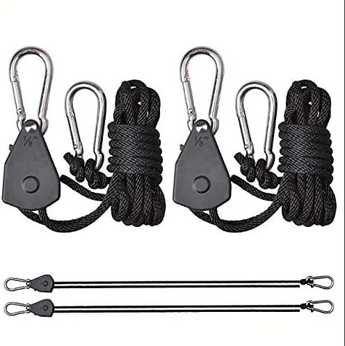 GHQERTY ست دو عددی قرقره قابل تنظیم، قلاب جغجغه ای، حداکثر بار 150 پوند، بالابر لامپ، فنجان بازتابنده، آویز LED، مونتاژ تسمه محکم